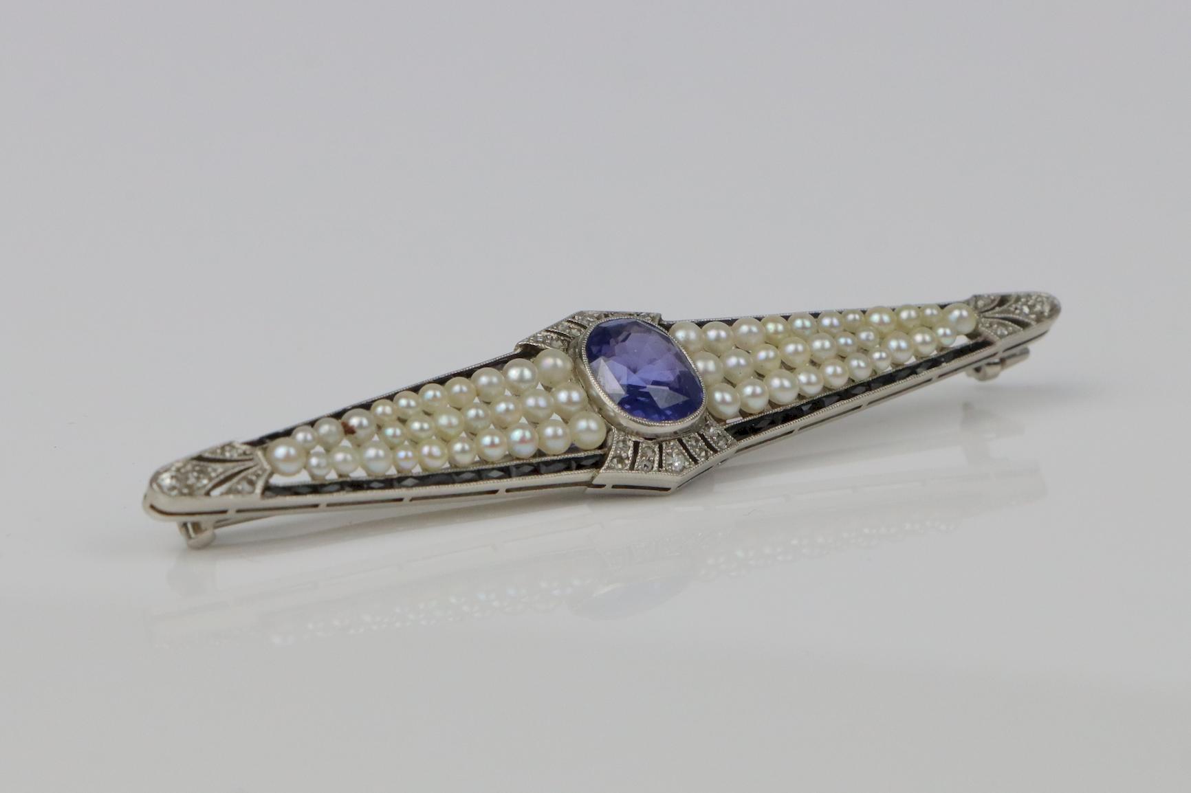 Art Deco Platinum Pearl & Ceylon Unheated Sapphire Brooch Pin AGL Certified