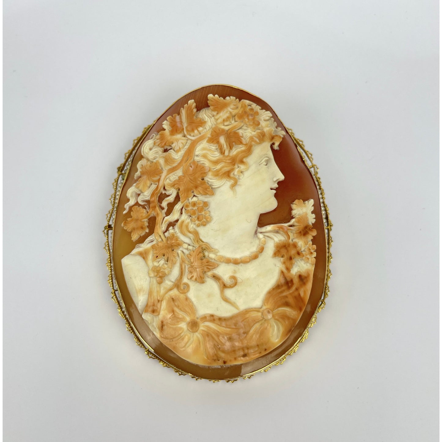 Massive 14k Gold Cameo Seed Pearl Pendant Brooch