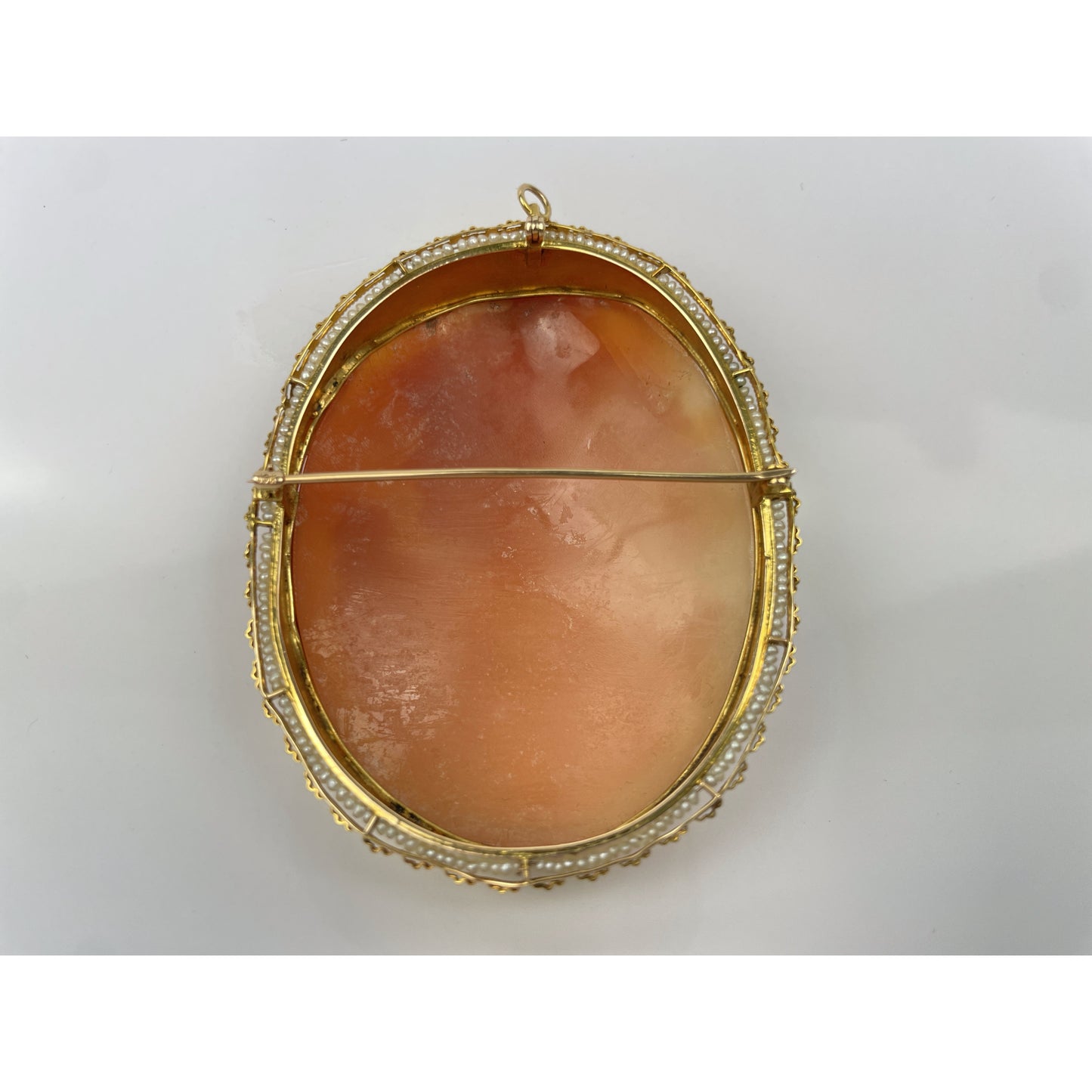 Massive 14k Gold Cameo Seed Pearl Pendant Brooch