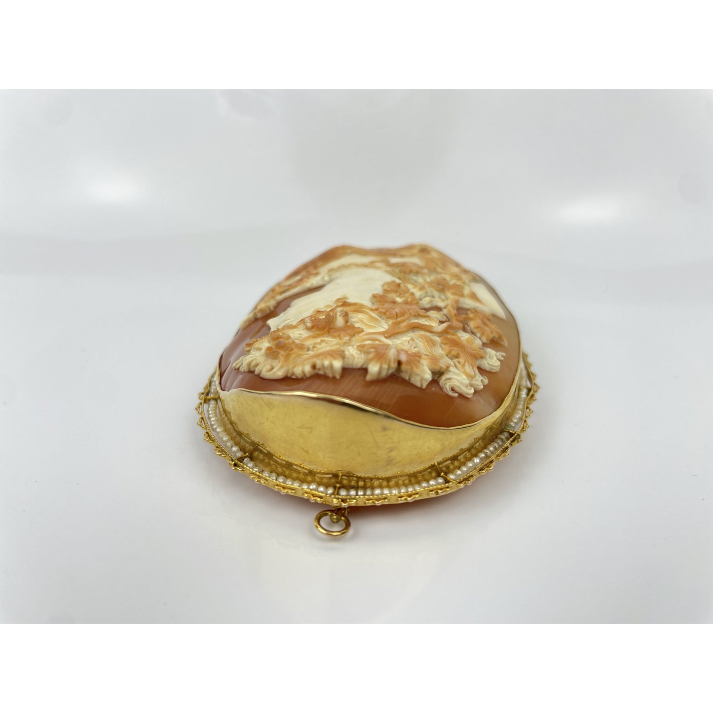 Massive 14k Gold Cameo Seed Pearl Pendant Brooch