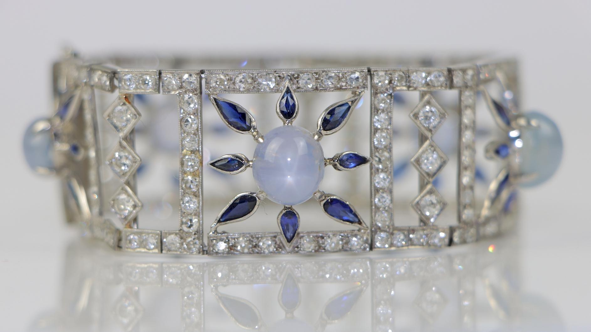 Vintage 18K White Gold Diamond Sapphire Star Sapphire Bracelet