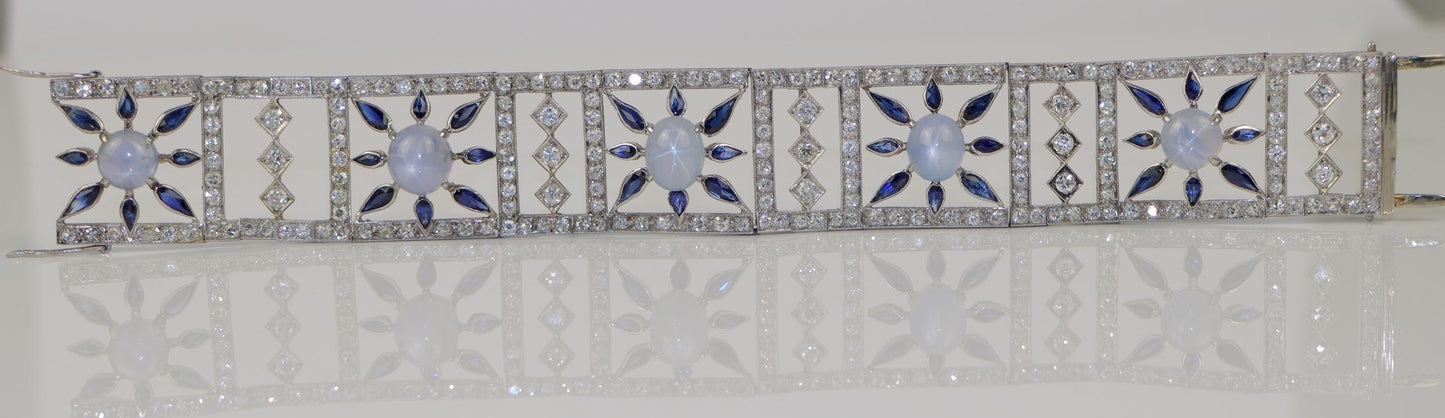 Vintage 18K White Gold Diamond Sapphire Star Sapphire Bracelet