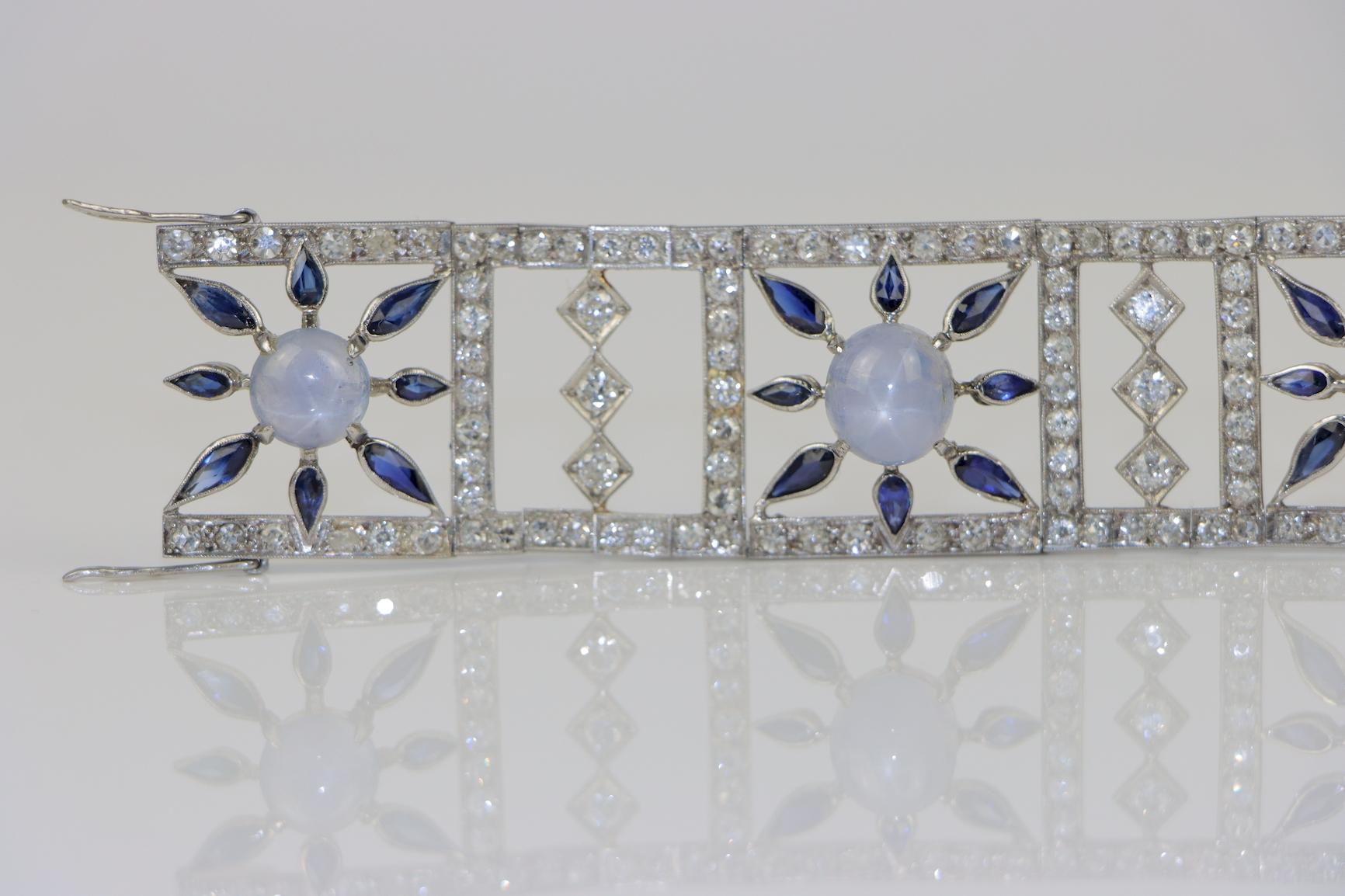 Vintage 18K White Gold Diamond Sapphire Star Sapphire Bracelet