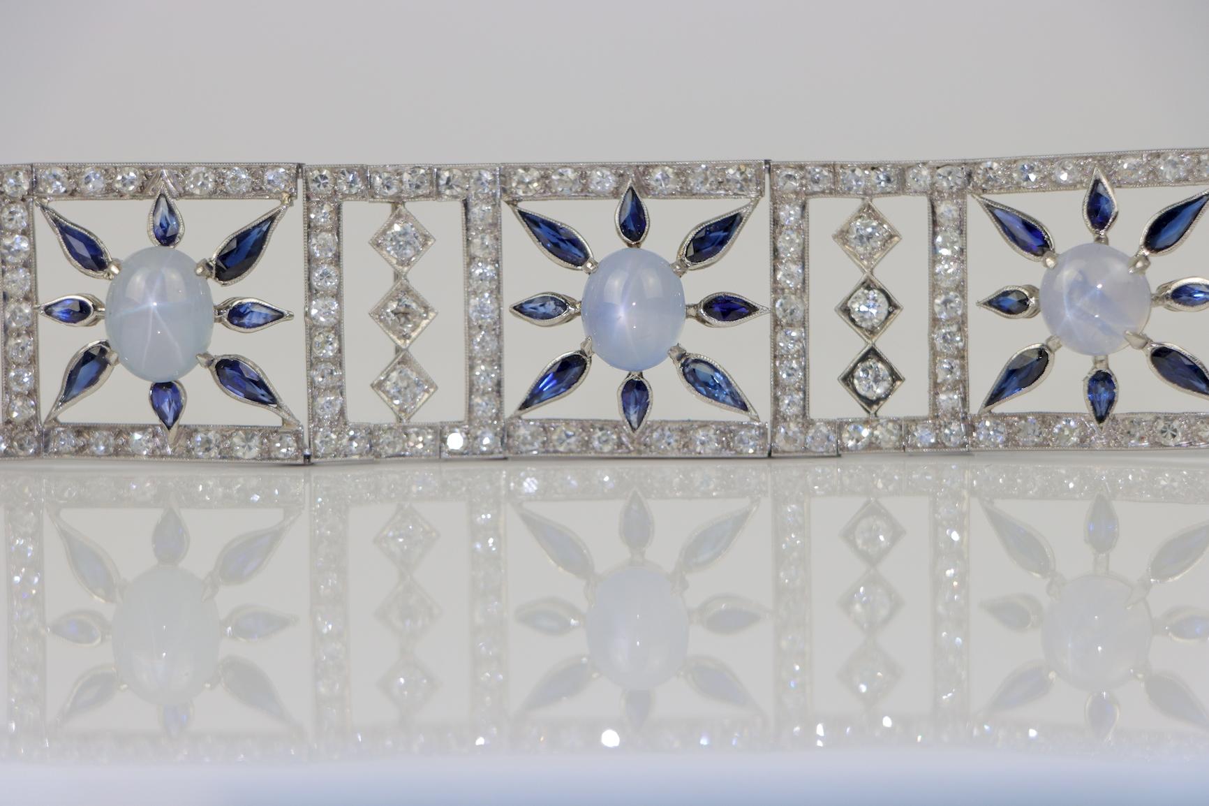 Vintage 18K White Gold Diamond Sapphire Star Sapphire Bracelet