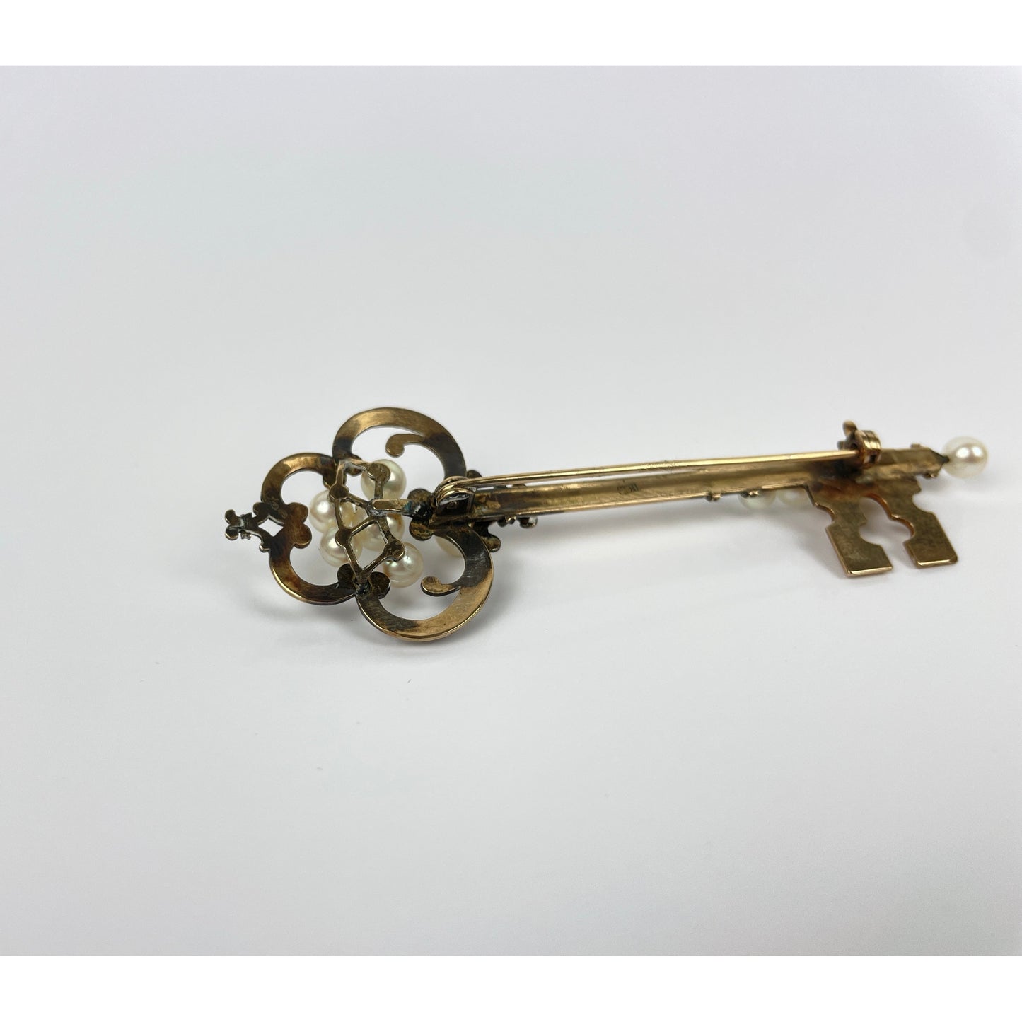 Antique 14k Gold Pearl Key Brooch Pin