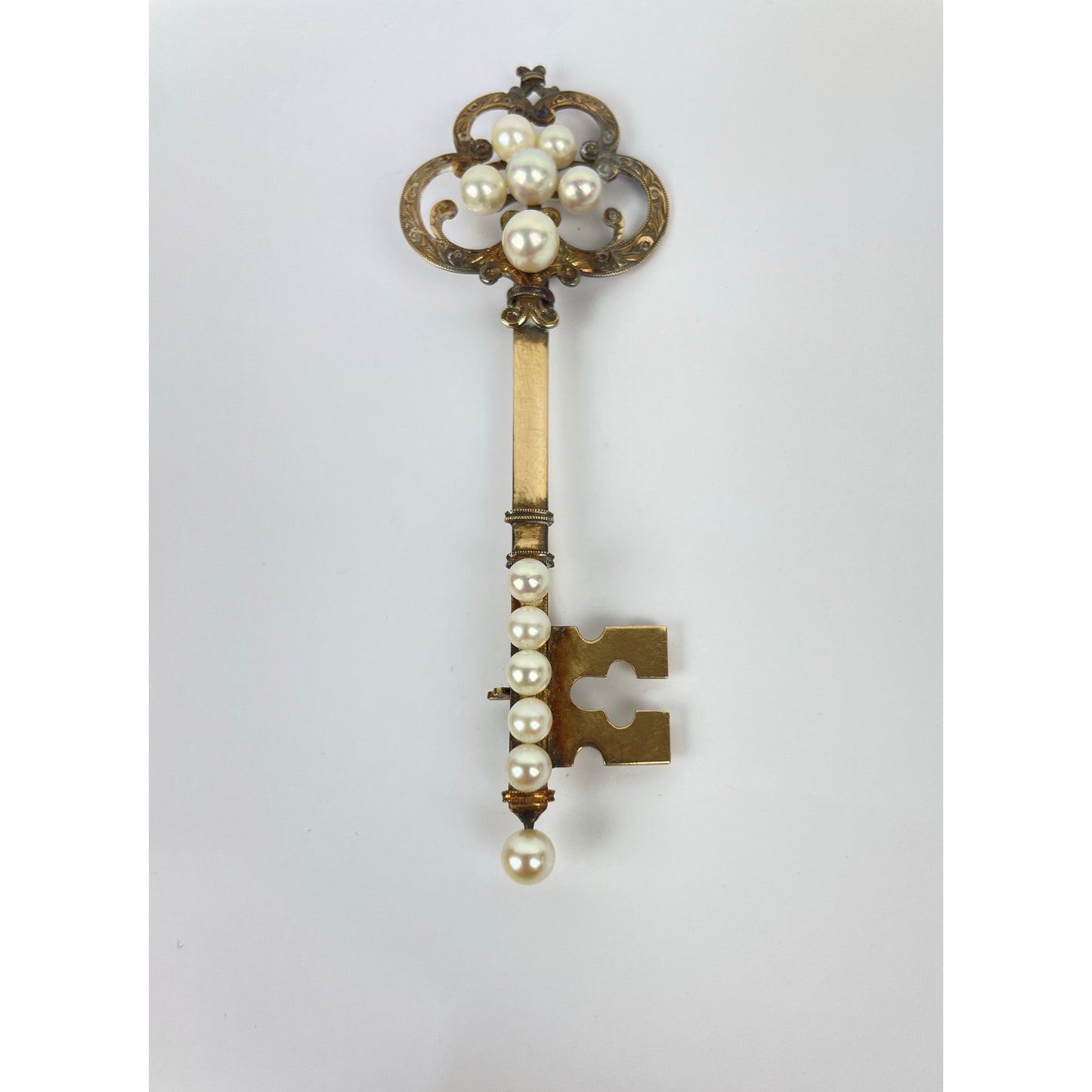 Antique 14k Gold Pearl Key Brooch Pin