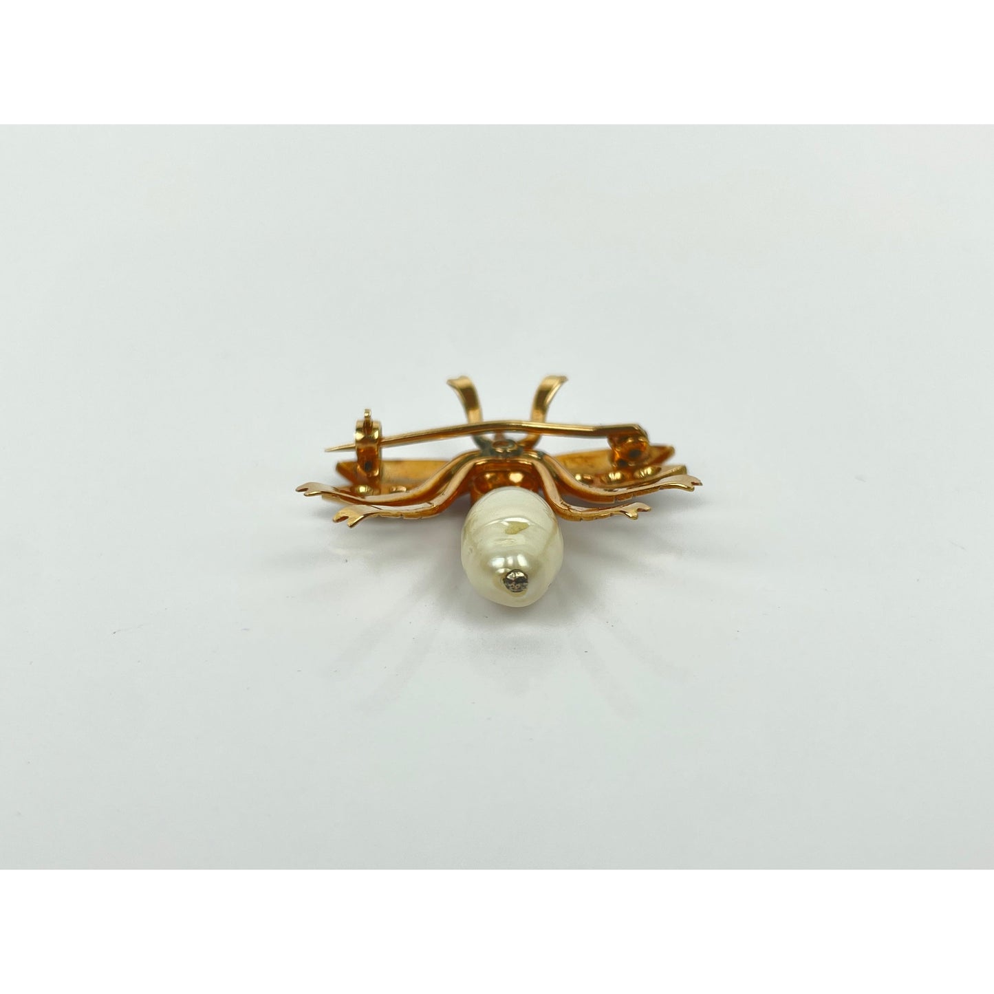 Vintage 14k Gold Pearl Diamond Enamel Insect Brooch Pin