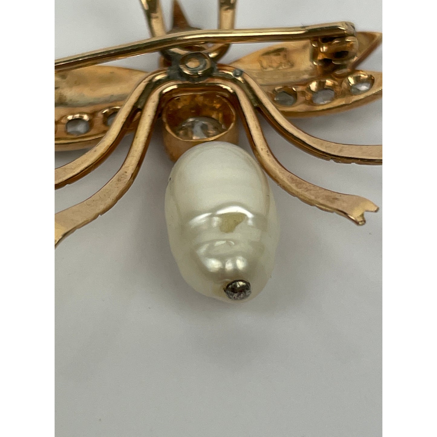 Vintage 14k Gold Pearl Diamond Enamel Insect Brooch Pin