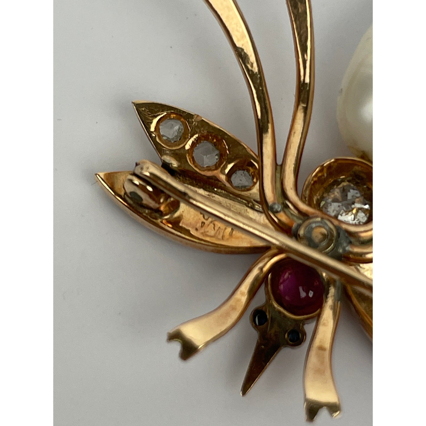 Vintage 14k Gold Pearl Diamond Enamel Insect Brooch Pin