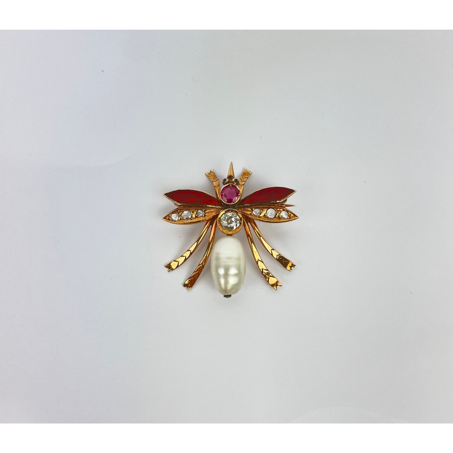 Vintage 14k Gold Pearl Diamond Enamel Insect Brooch Pin