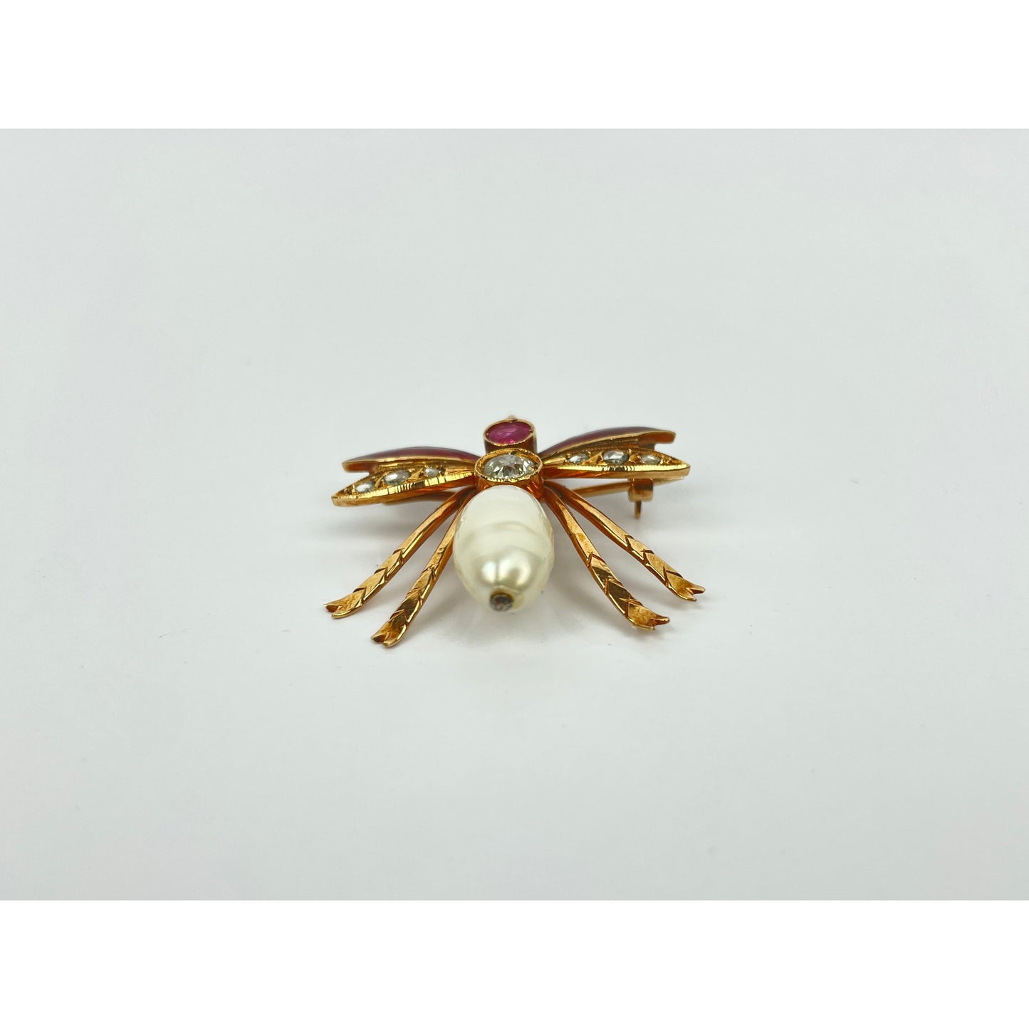 Vintage 14k Gold Pearl Diamond Enamel Insect Brooch Pin