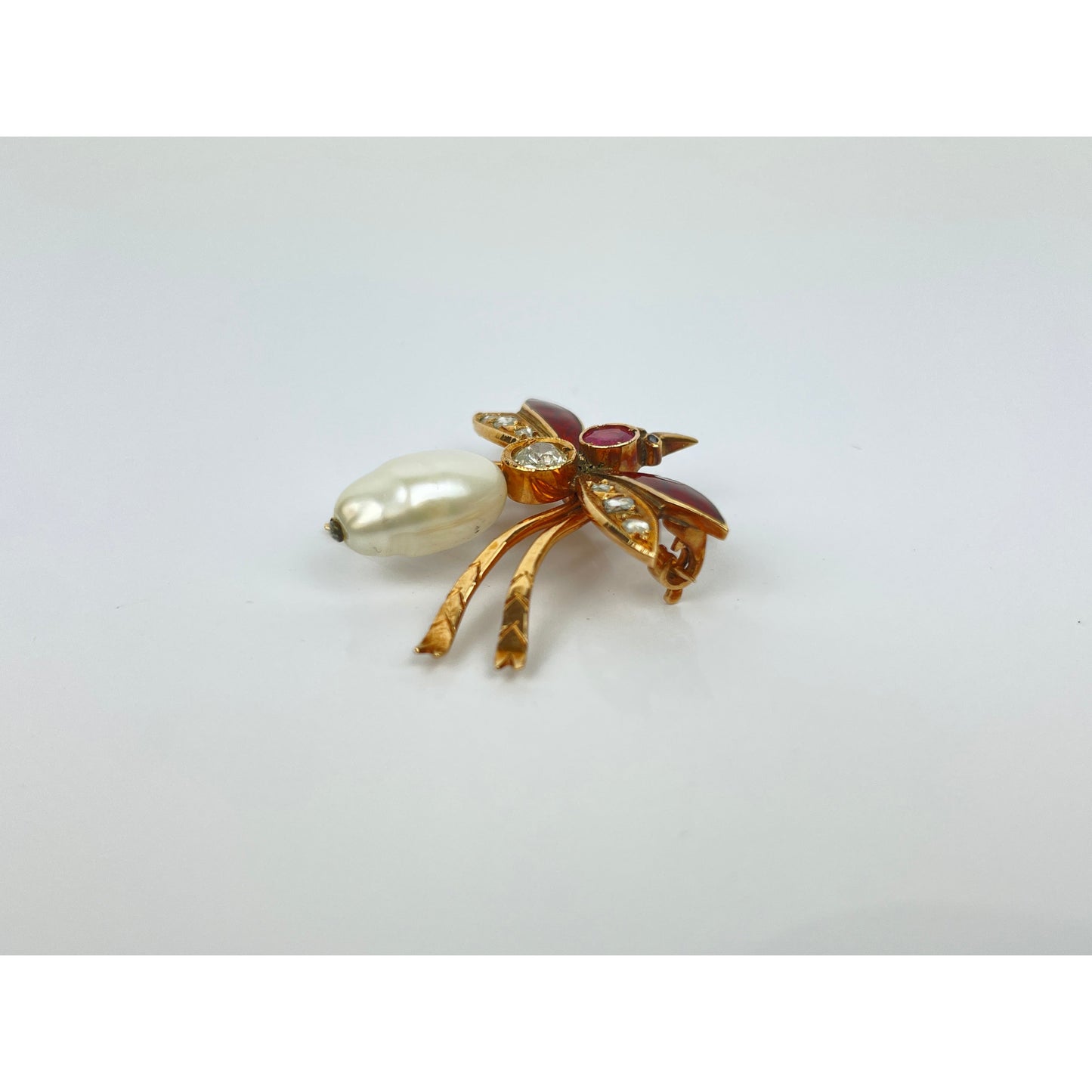 Vintage 14k Gold Pearl Diamond Enamel Insect Brooch Pin