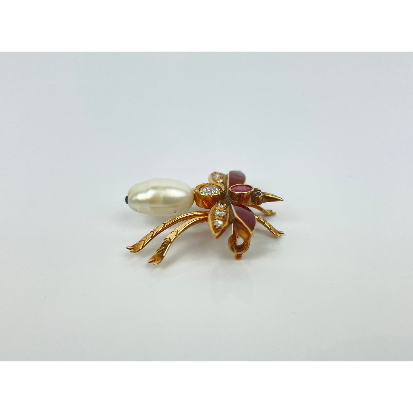 Vintage 14k Gold Pearl Diamond Enamel Insect Brooch Pin