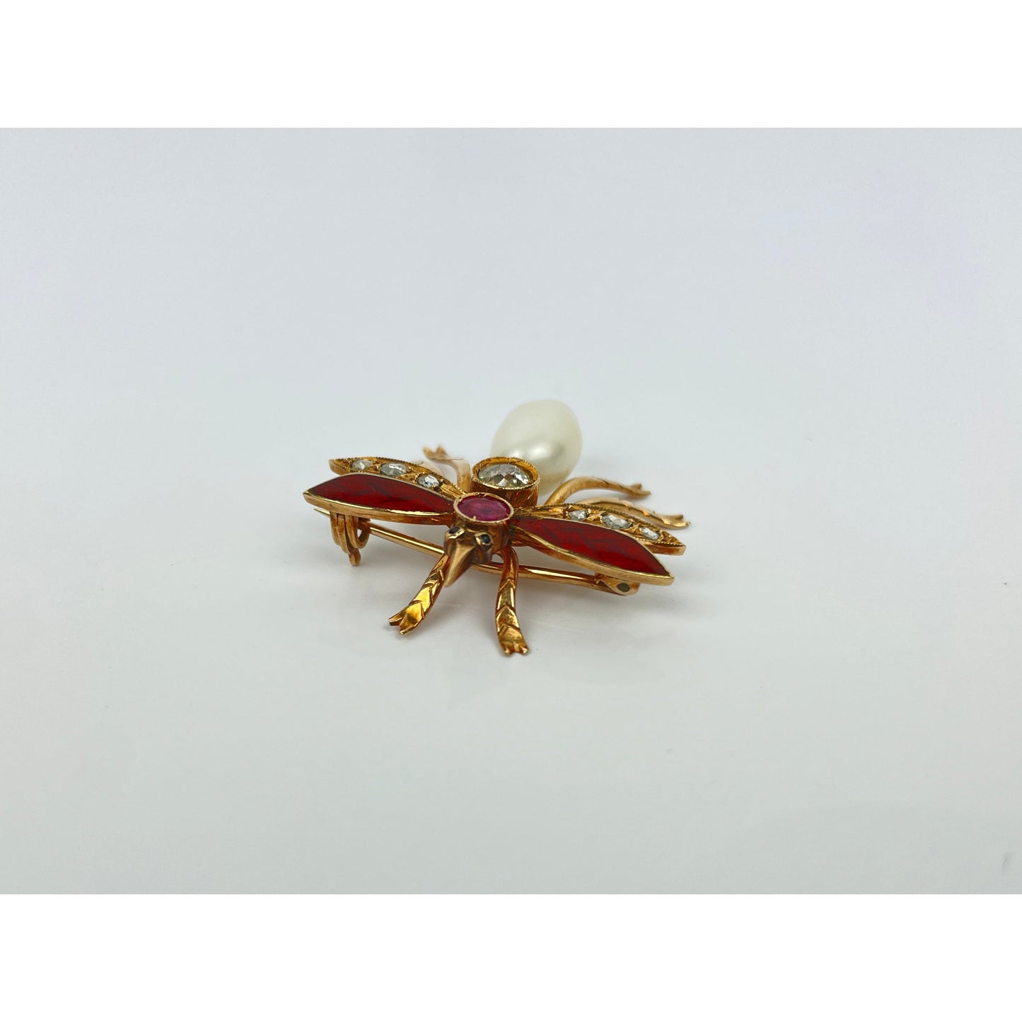 Vintage 14k Gold Pearl Diamond Enamel Insect Brooch Pin