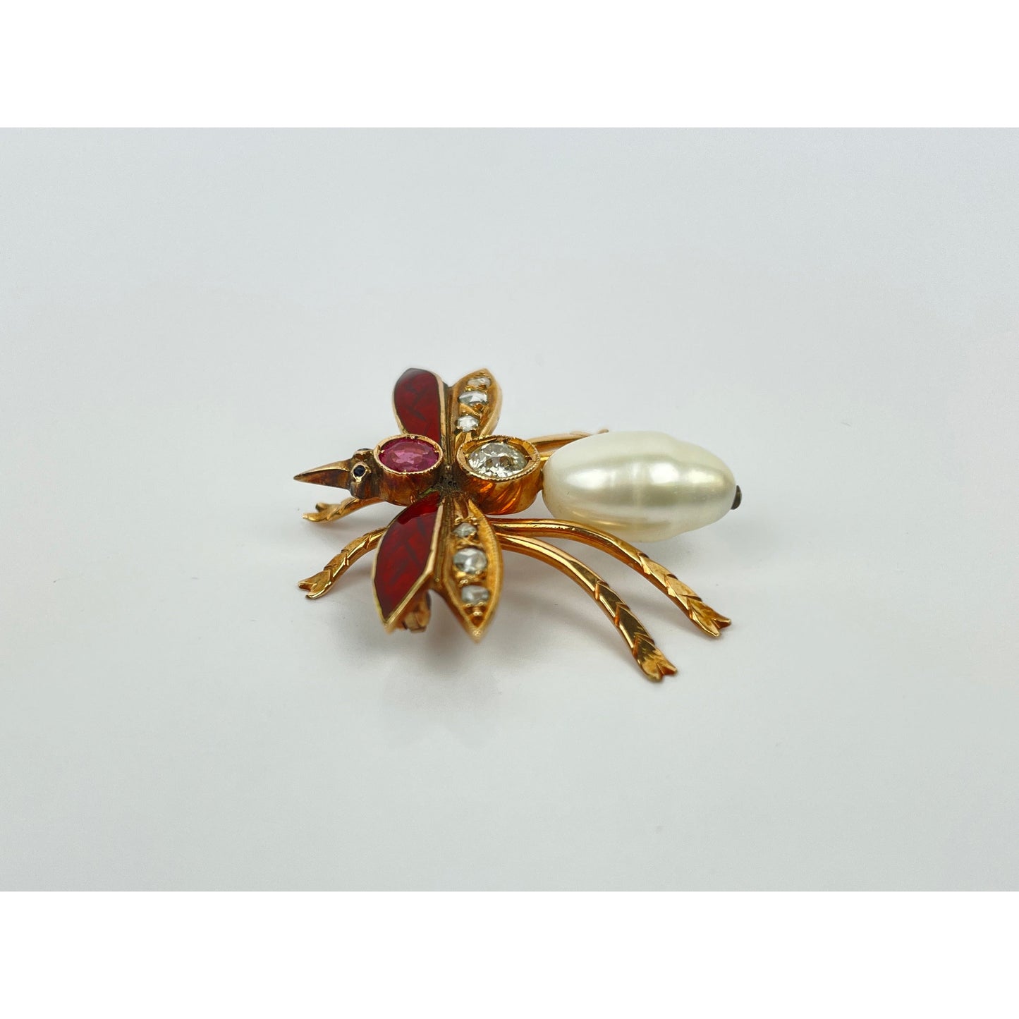 Vintage 14k Gold Pearl Diamond Enamel Insect Brooch Pin