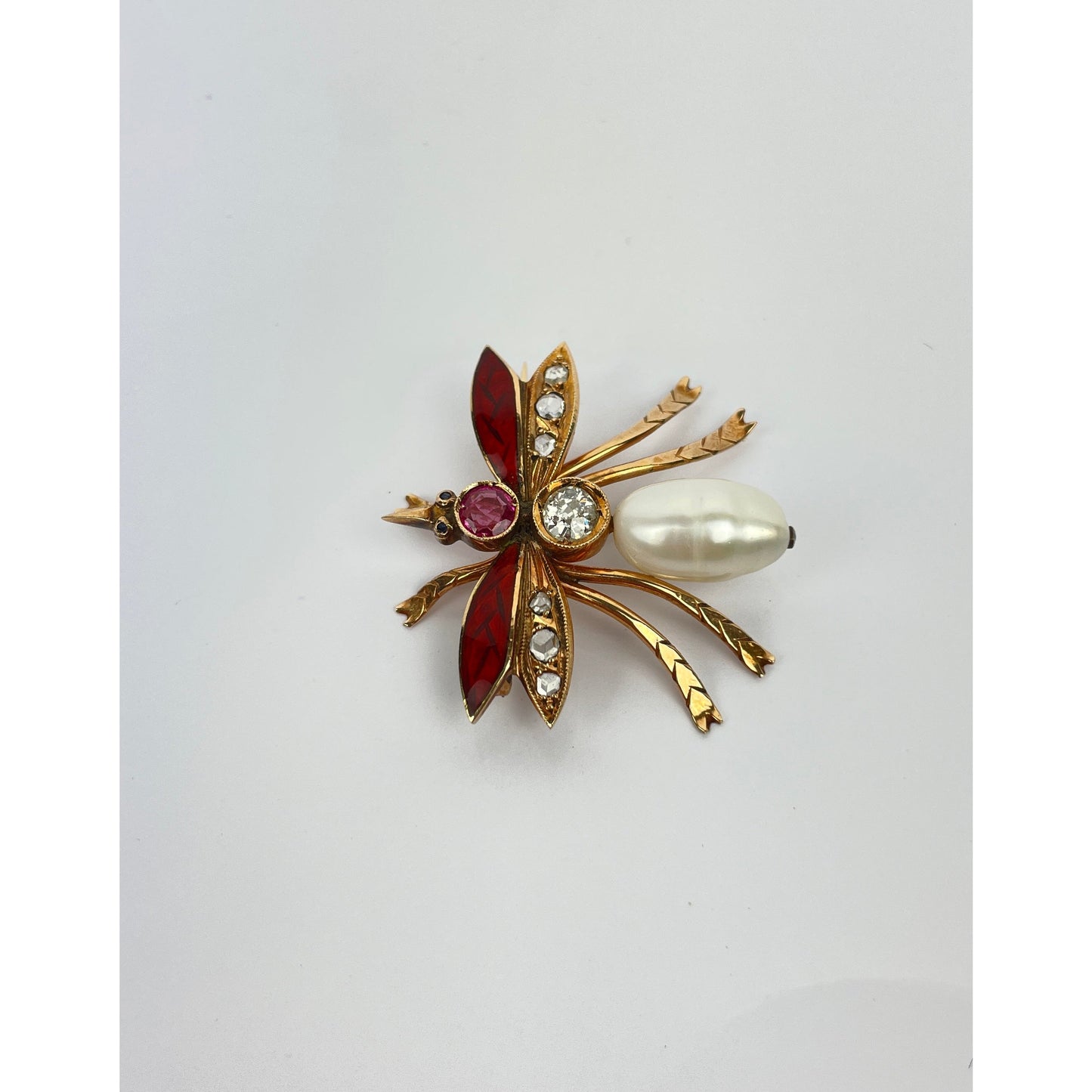 Vintage 14k Gold Pearl Diamond Enamel Insect Brooch Pin