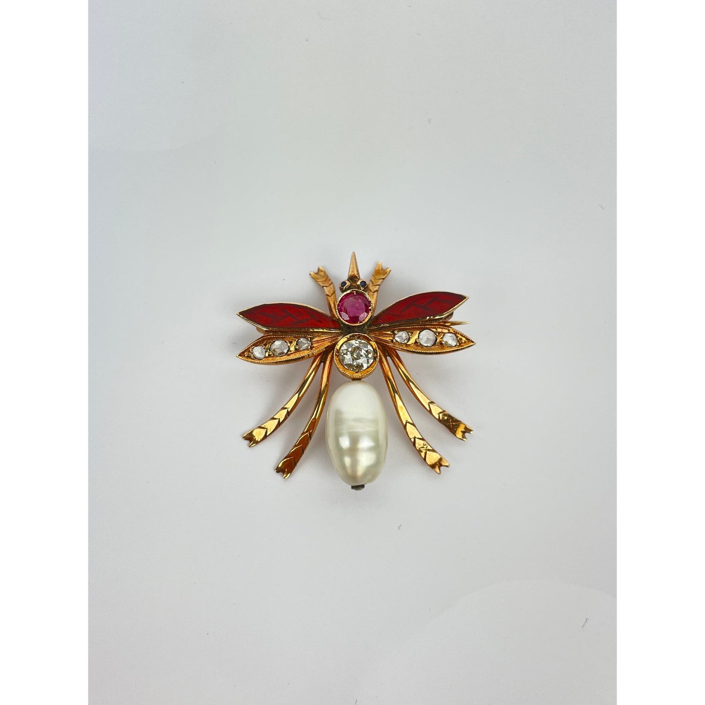 Vintage 14k Gold Pearl Diamond Enamel Insect Brooch Pin