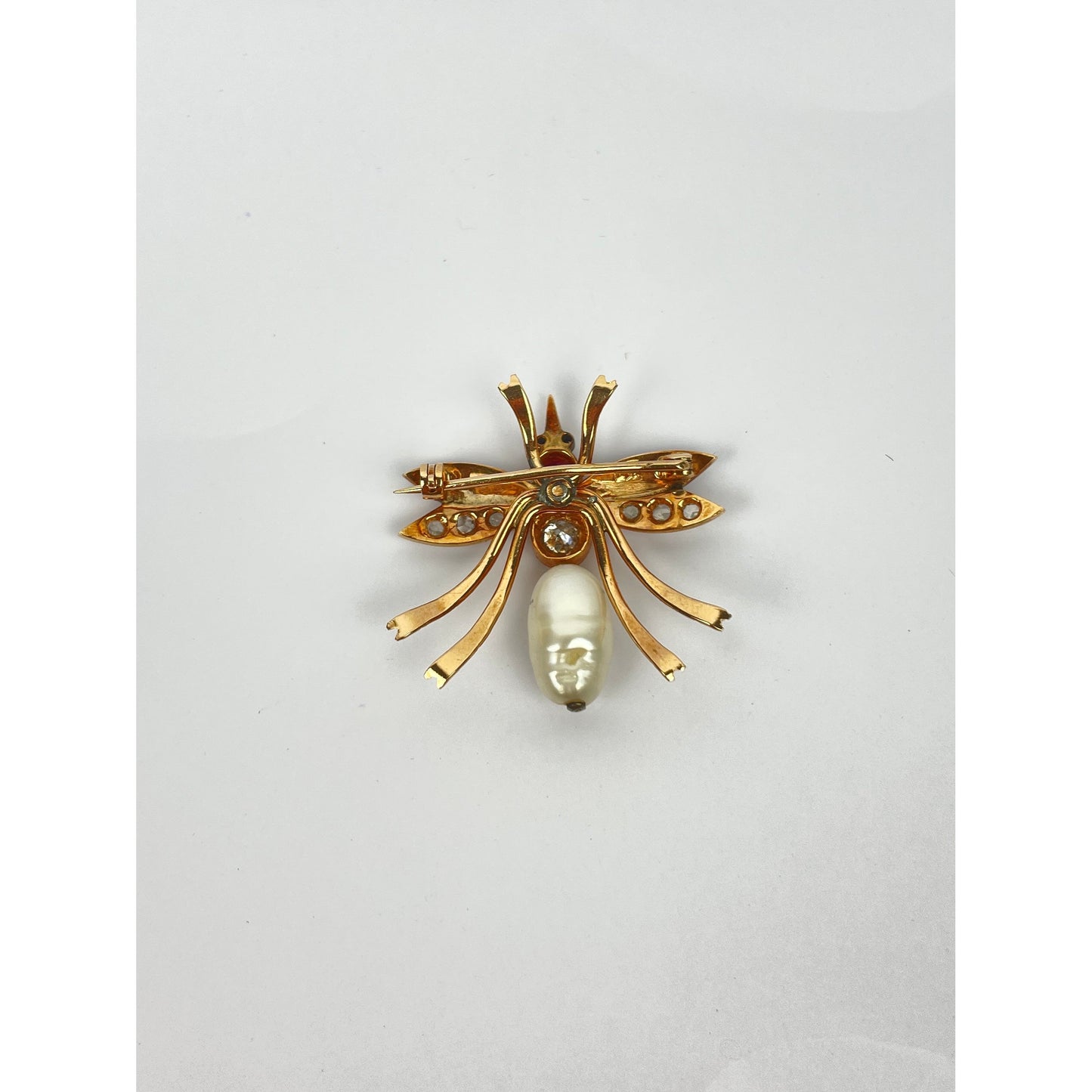 Vintage 14k Gold Pearl Diamond Enamel Insect Brooch Pin