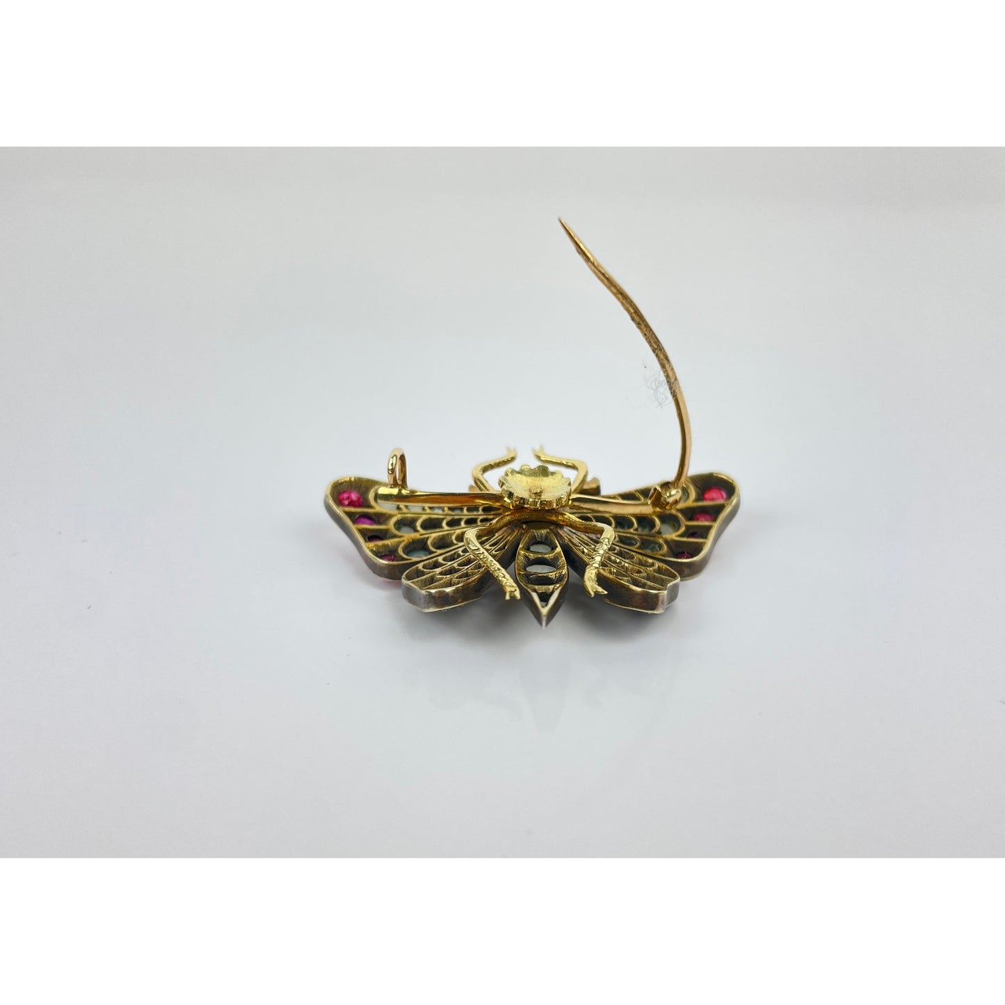 14K Gold Diamond Ruby Sapphire Seed Pearl Butterfly Brooch