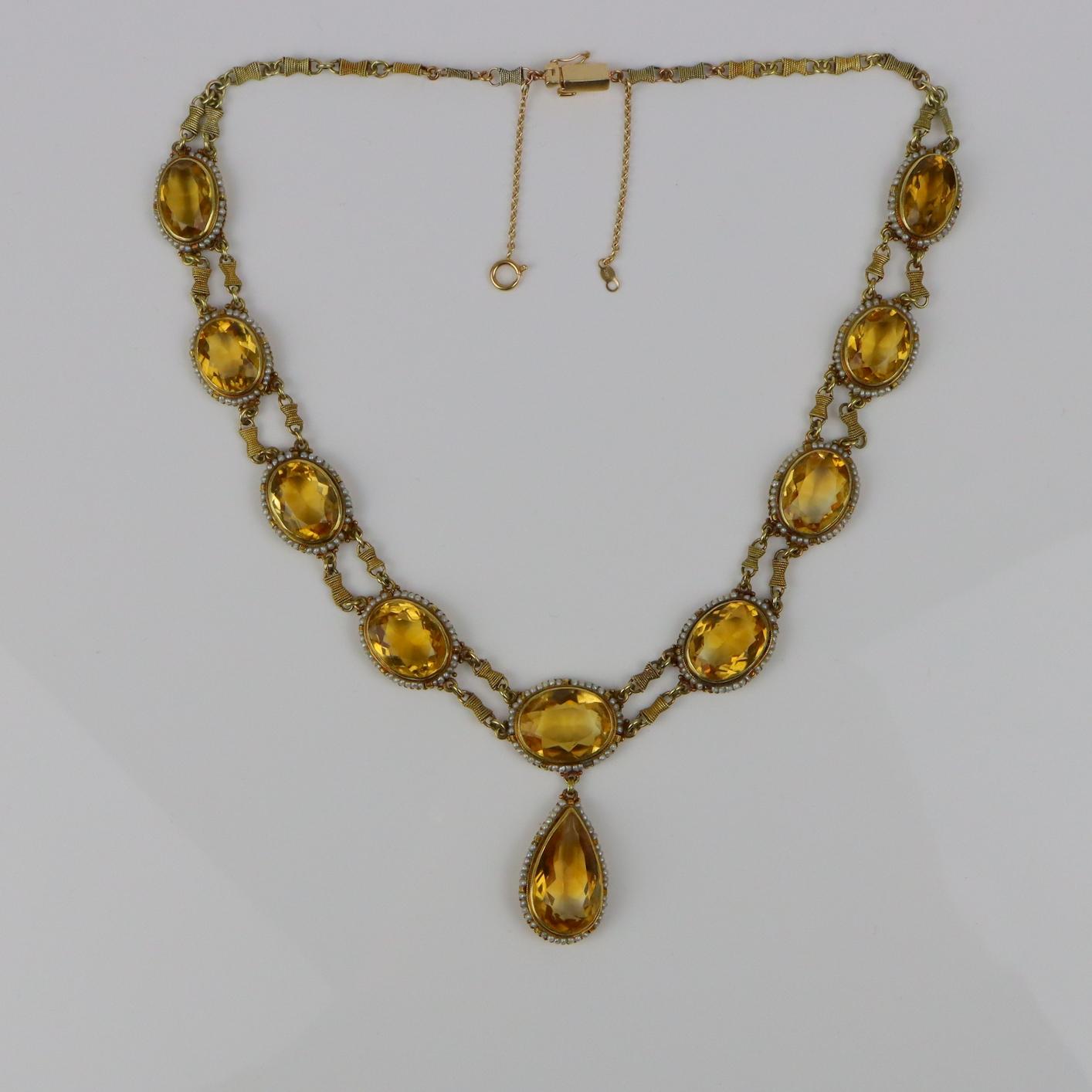 Antique 14K Gold Citrine Pearl Necklace