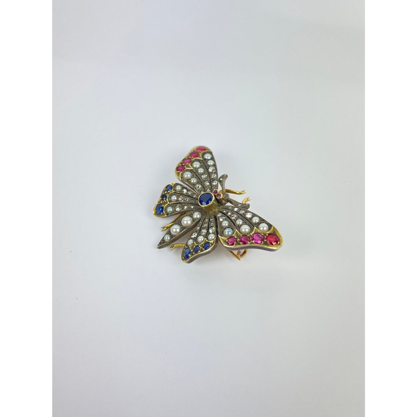 14K Gold Diamond Ruby Sapphire Seed Pearl Butterfly Brooch