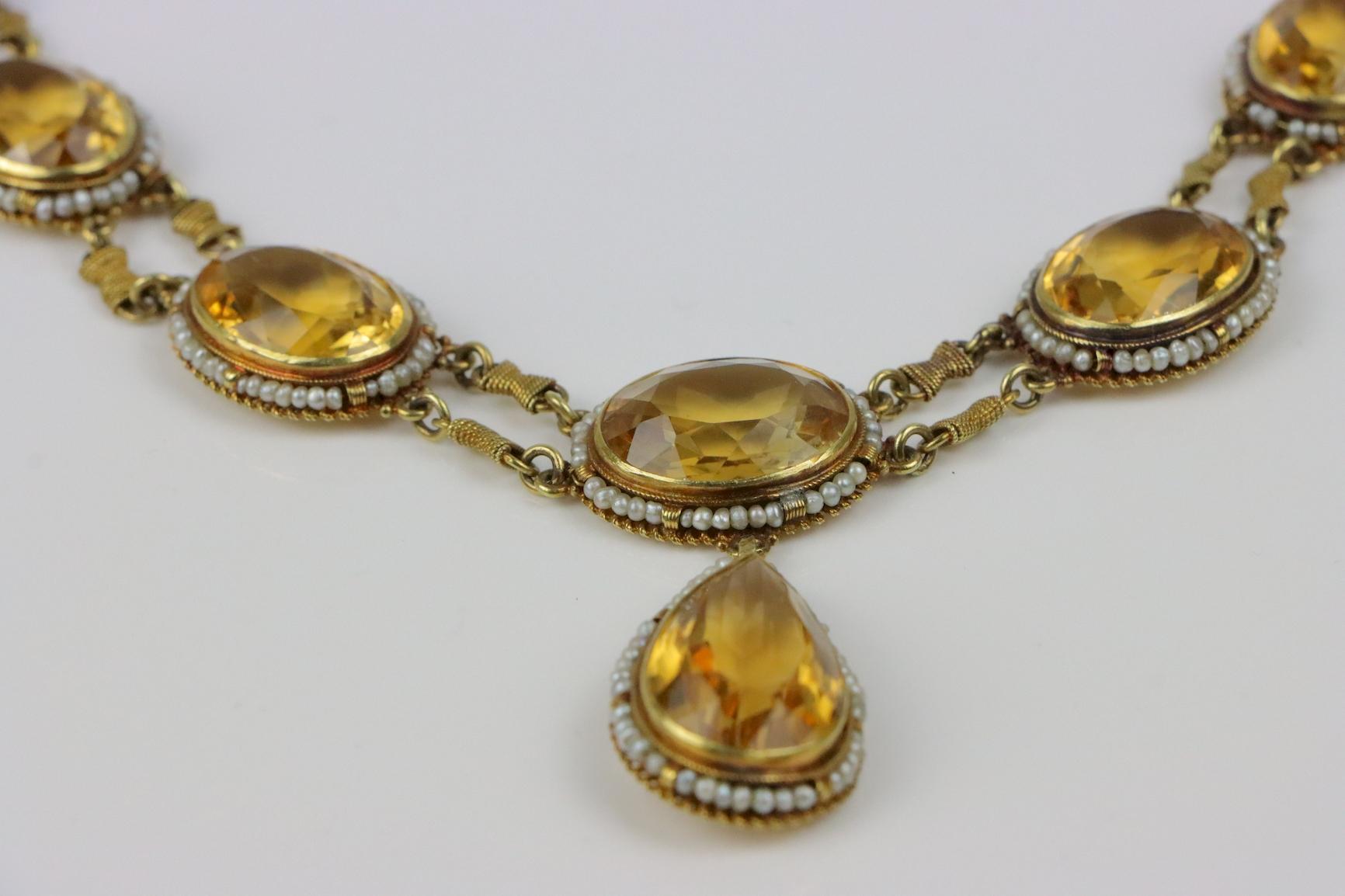 Antique 14K Gold Citrine Pearl Necklace