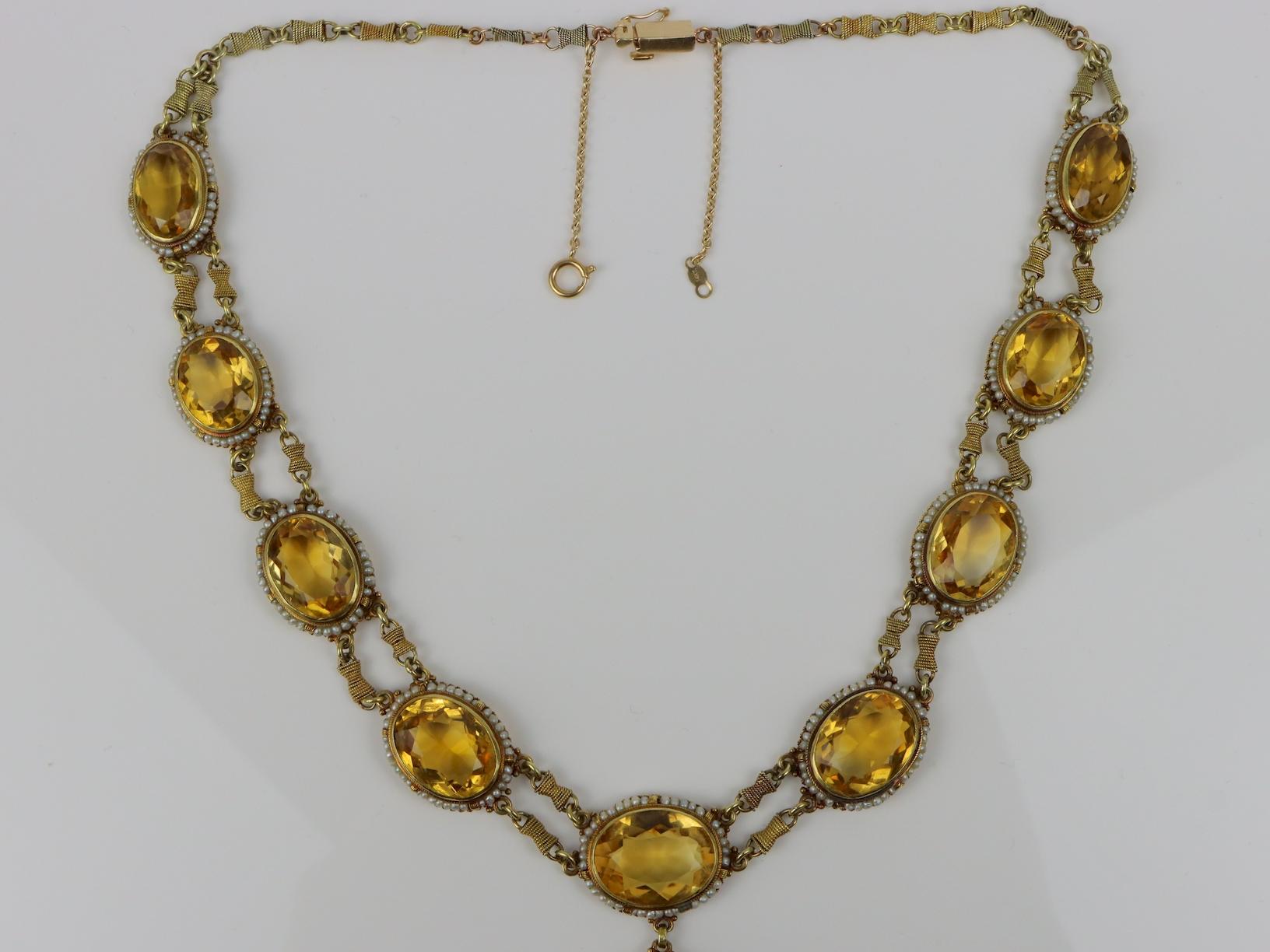 Antique 14K Gold Citrine Pearl Necklace