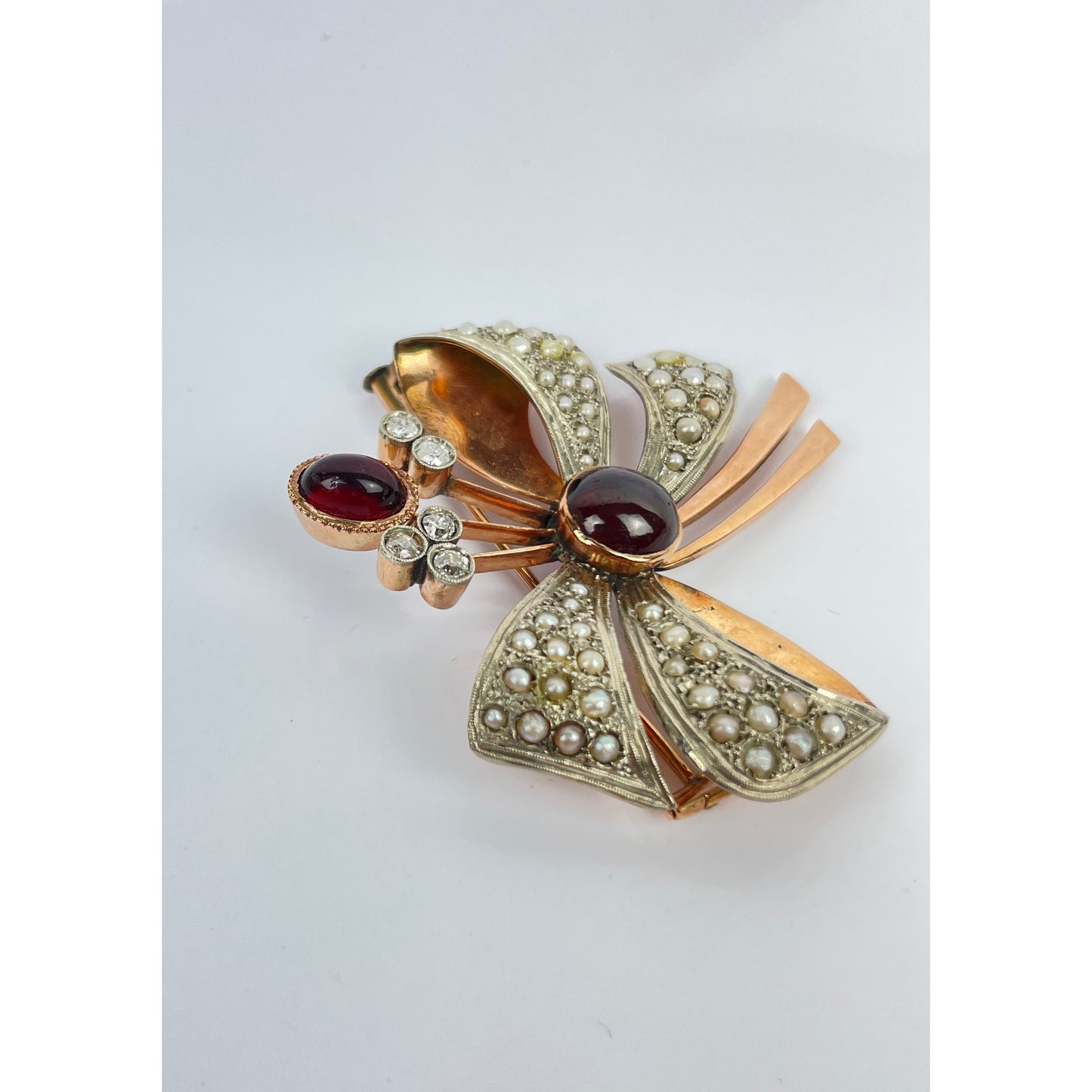 Victorian Seed Pearl Diamond Garnet Brooch