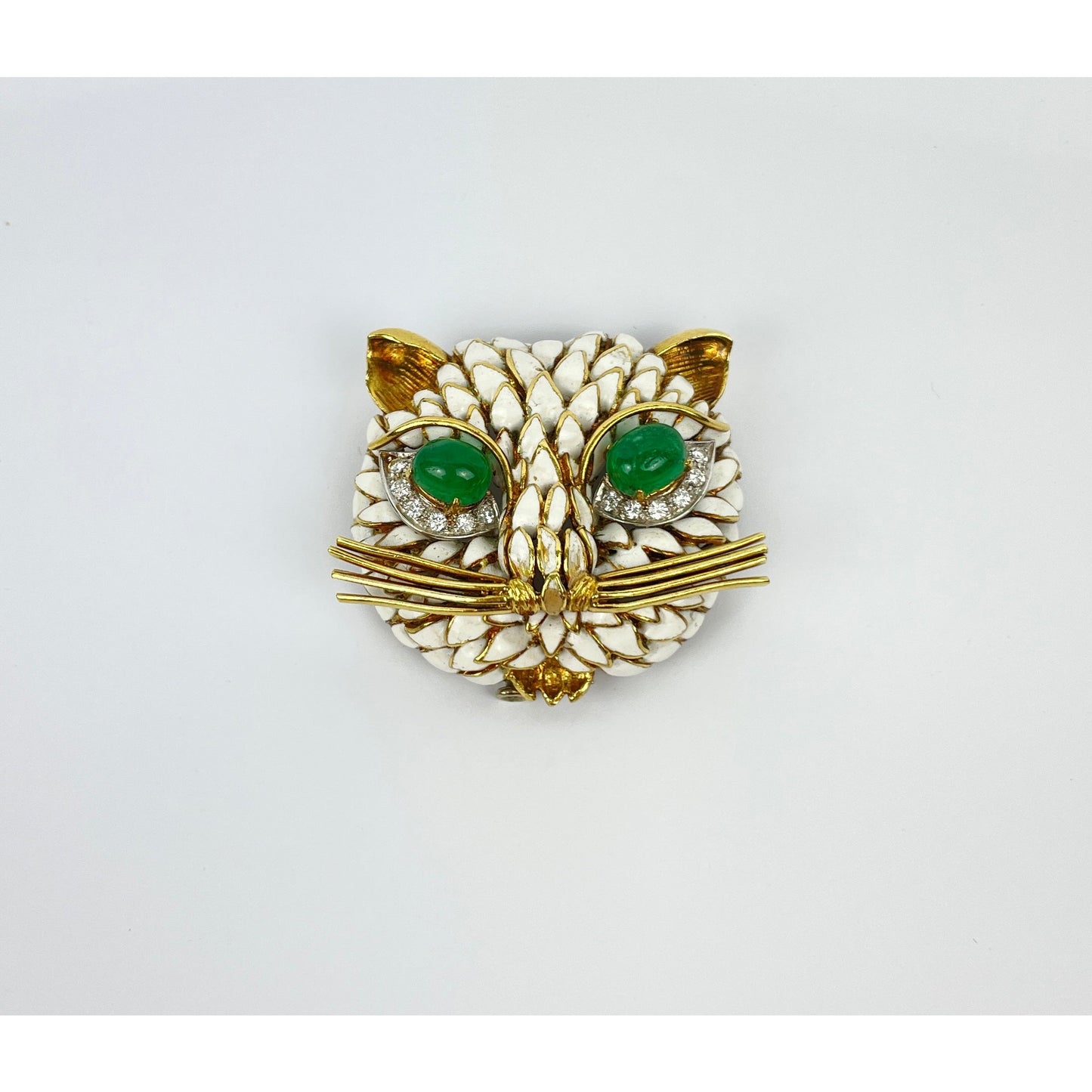 Vintage 18k Gold Emerald Diamond Ename Cat Brooch Pin