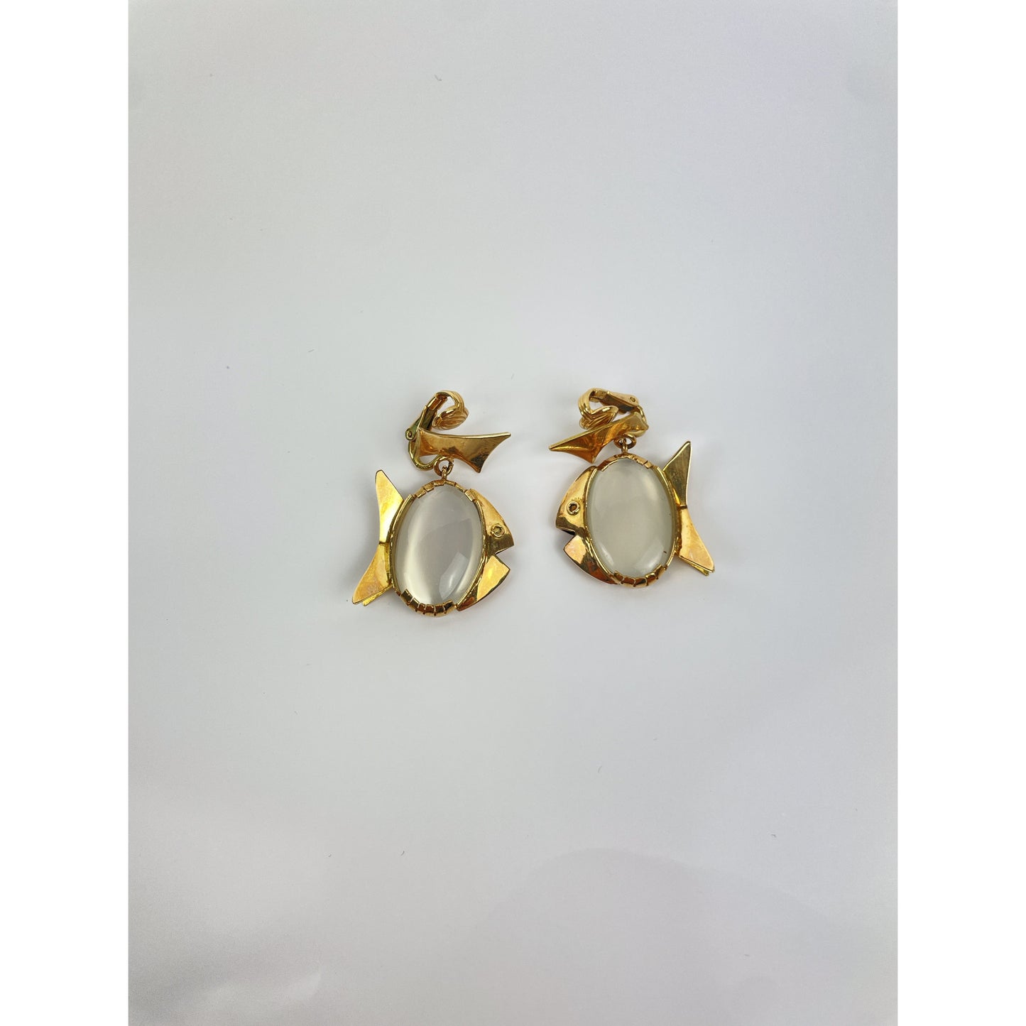 Pair of Vintage 14k Gold Moonstone Cabochon Fish Earrings