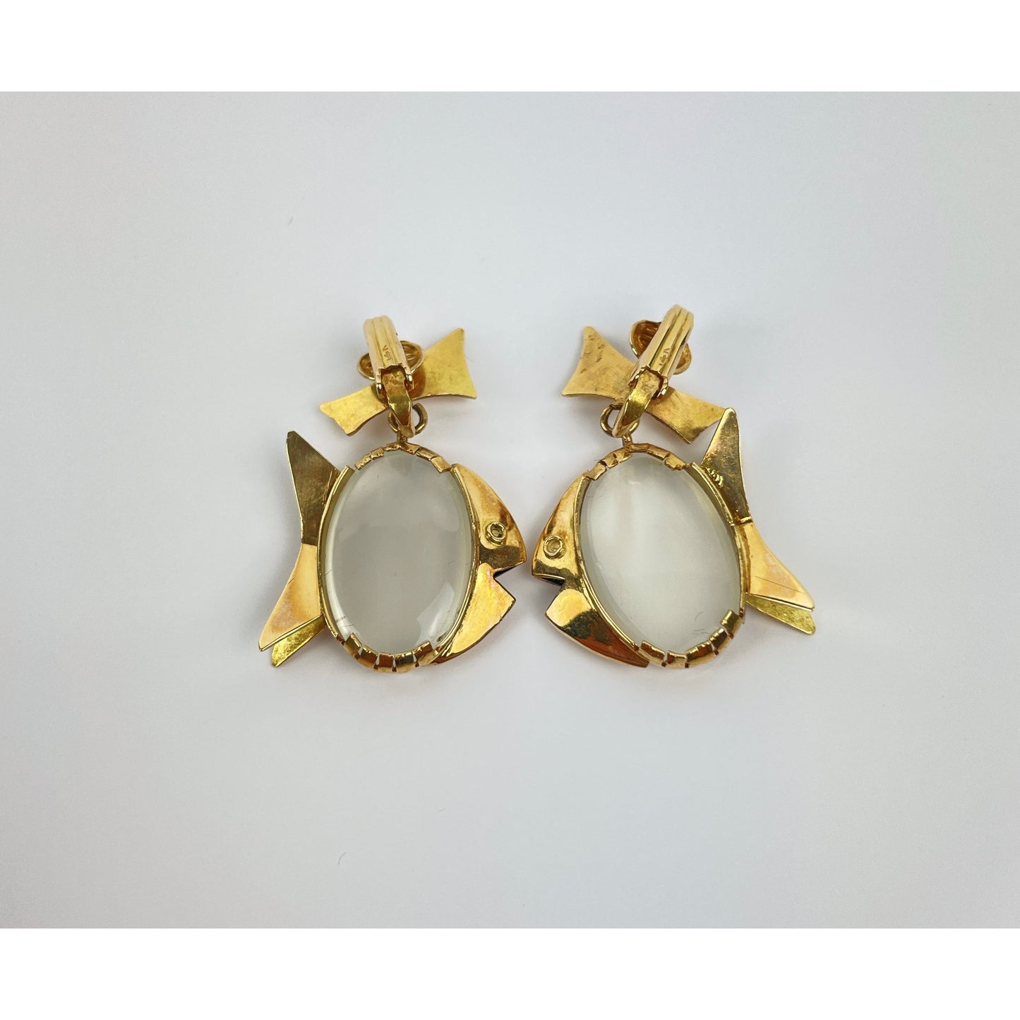 Pair of Vintage 14k Gold Moonstone Cabochon Fish Earrings