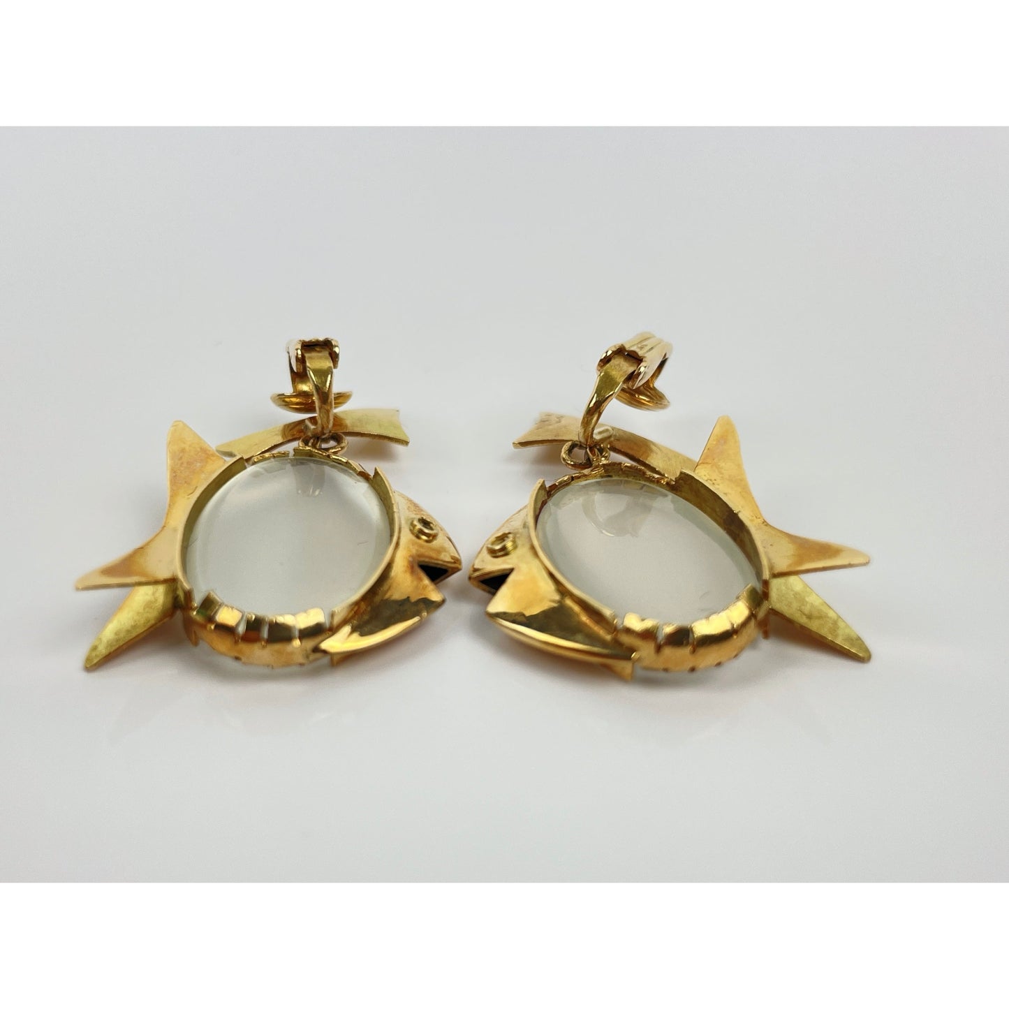 Pair of Vintage 14k Gold Moonstone Cabochon Fish Earrings