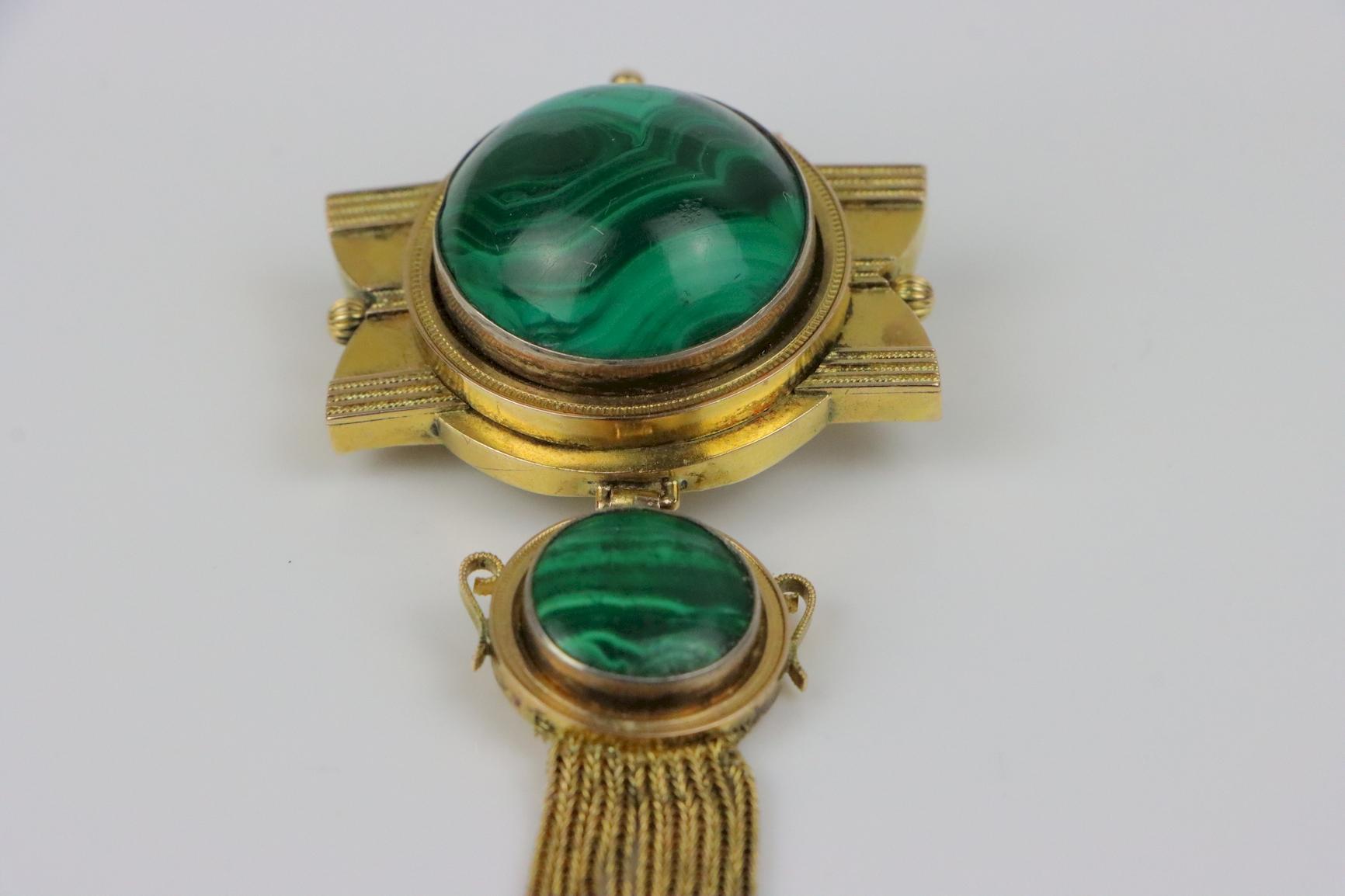 Antique 14K Gold Malachite Brooch Pin