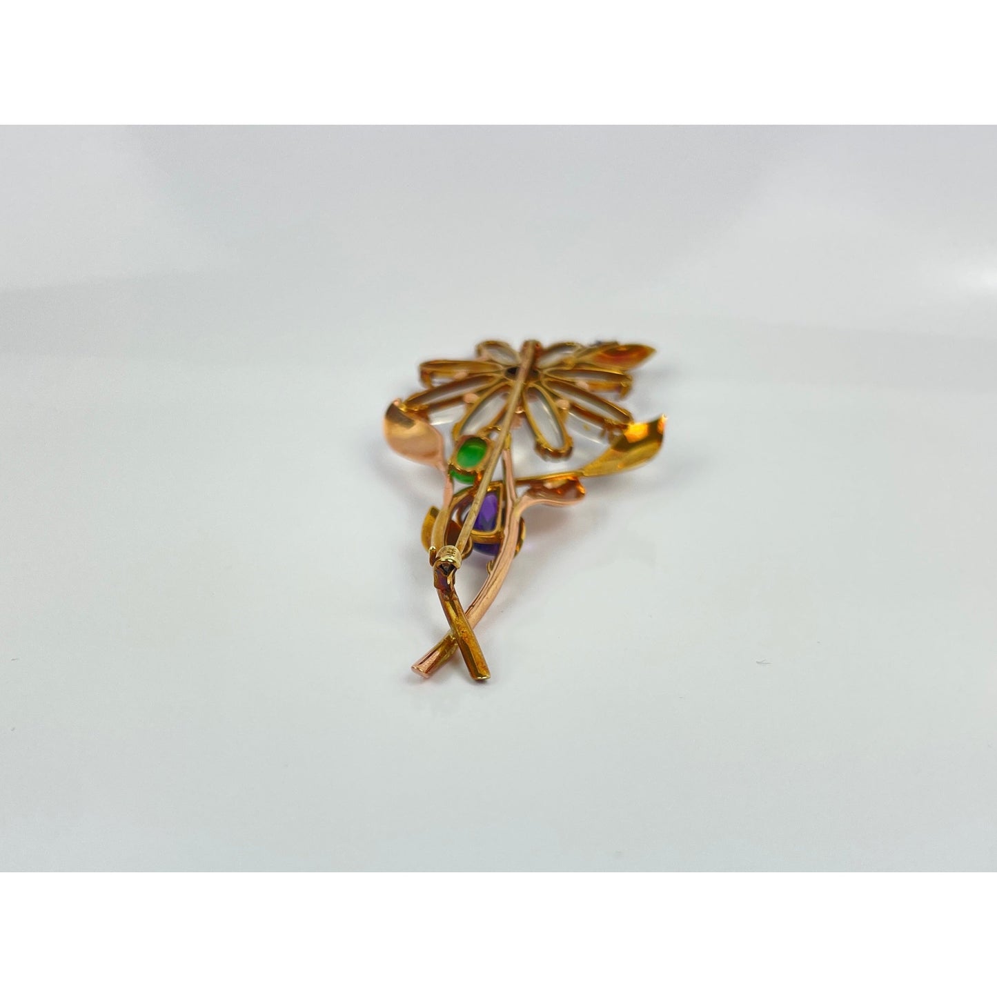 Retro 14k Gold Moonstone Jade Amethyst Flower Brooch Pin