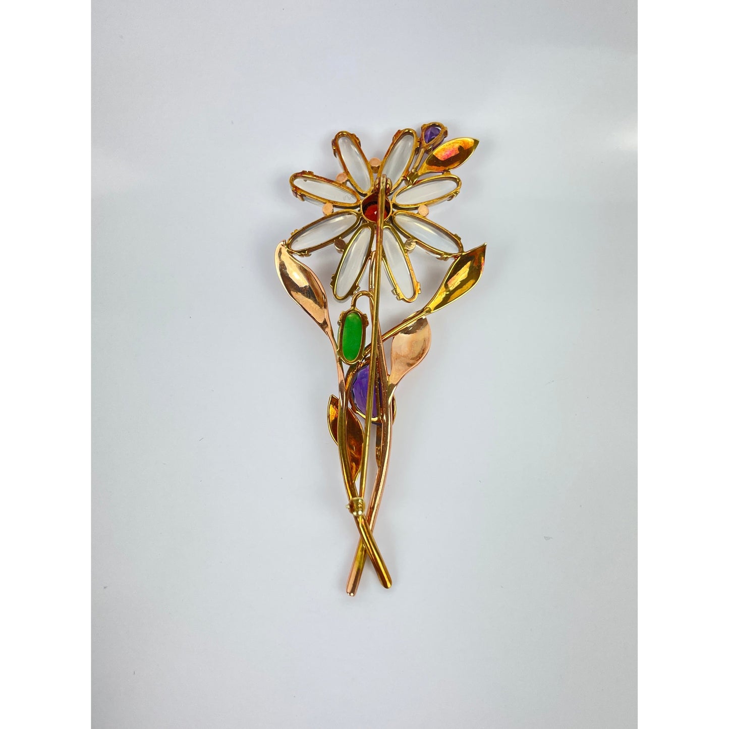 Retro 14k Gold Moonstone Jade Amethyst Flower Brooch Pin