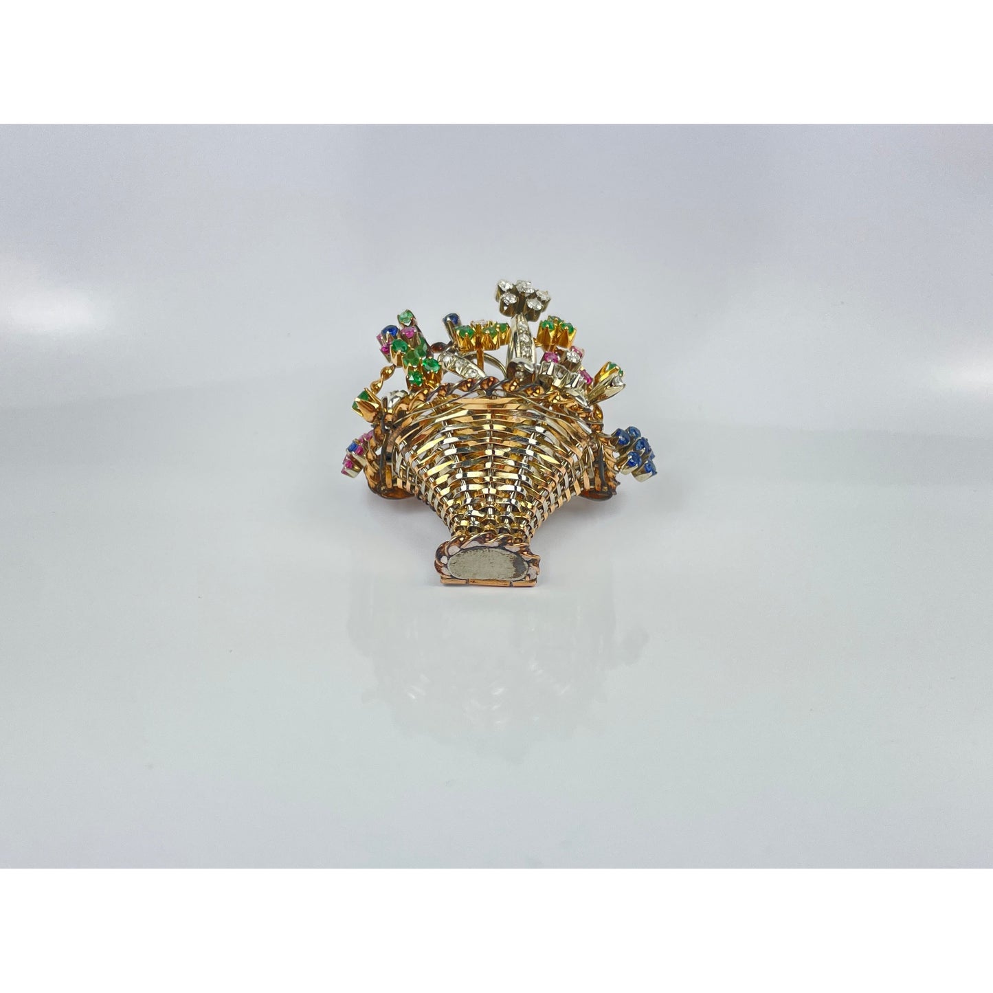 Vintage 18k Gold Diamond Sapphire Emerald Flower Basket Brooch