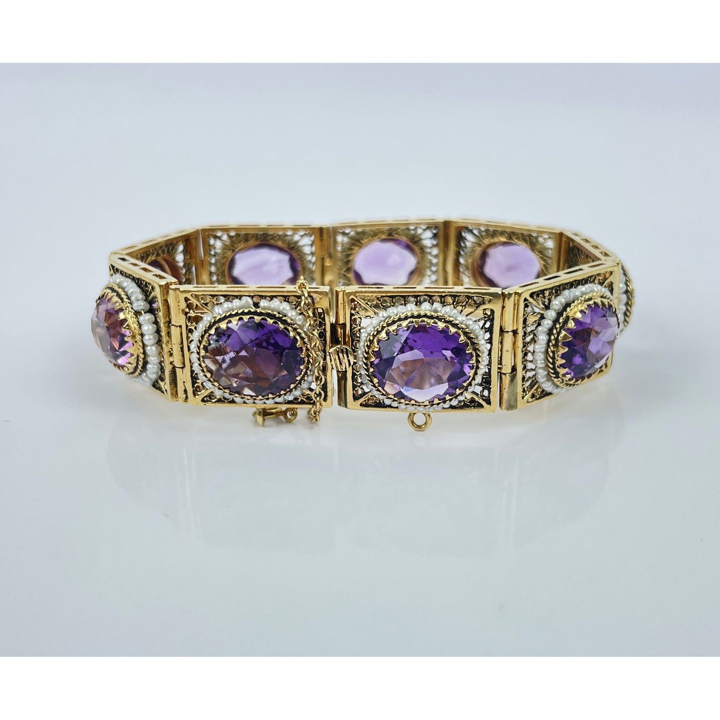 Vintage 14k Gold Seed Pearl Amethyst Bracelet