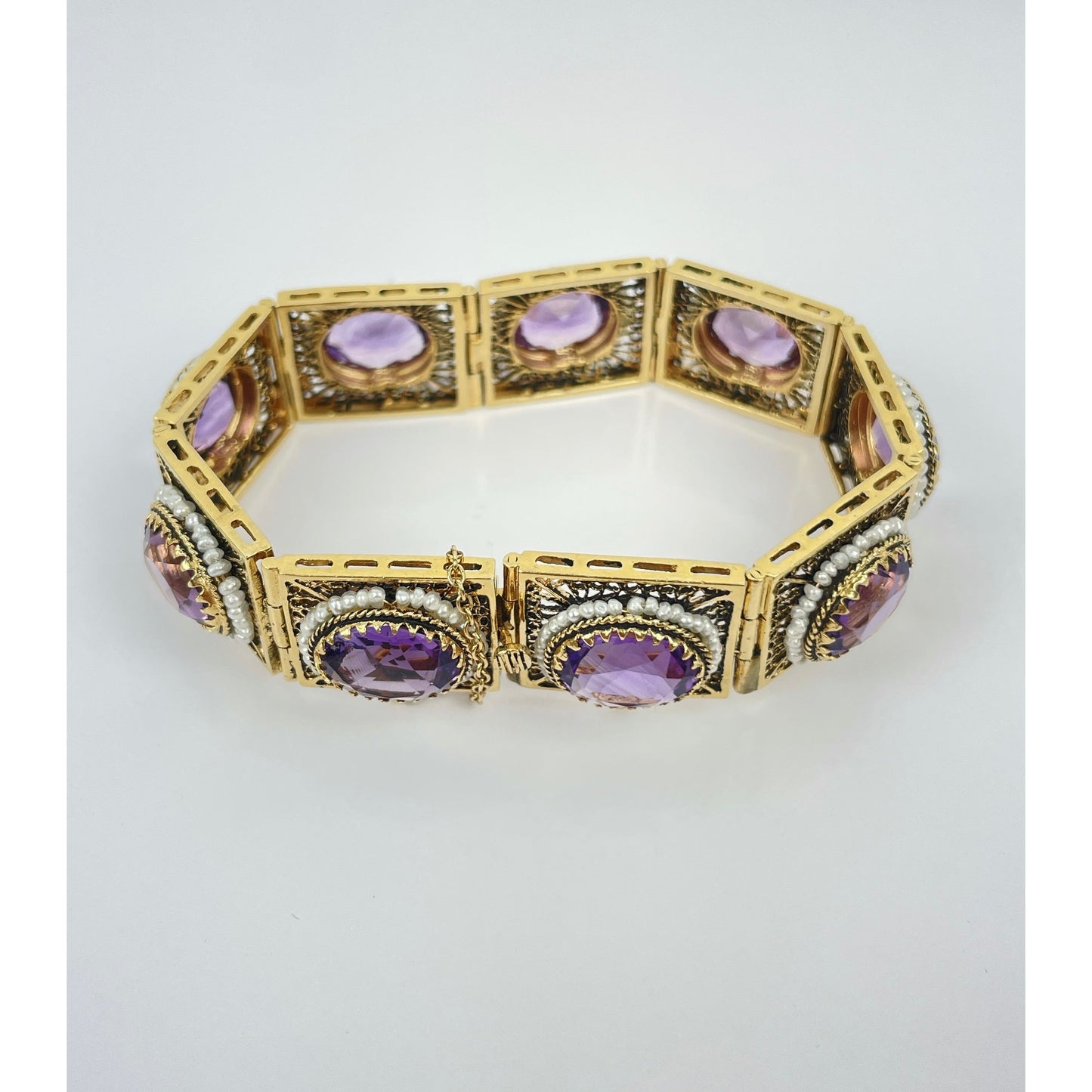 Vintage 14k Gold Seed Pearl Amethyst Bracelet