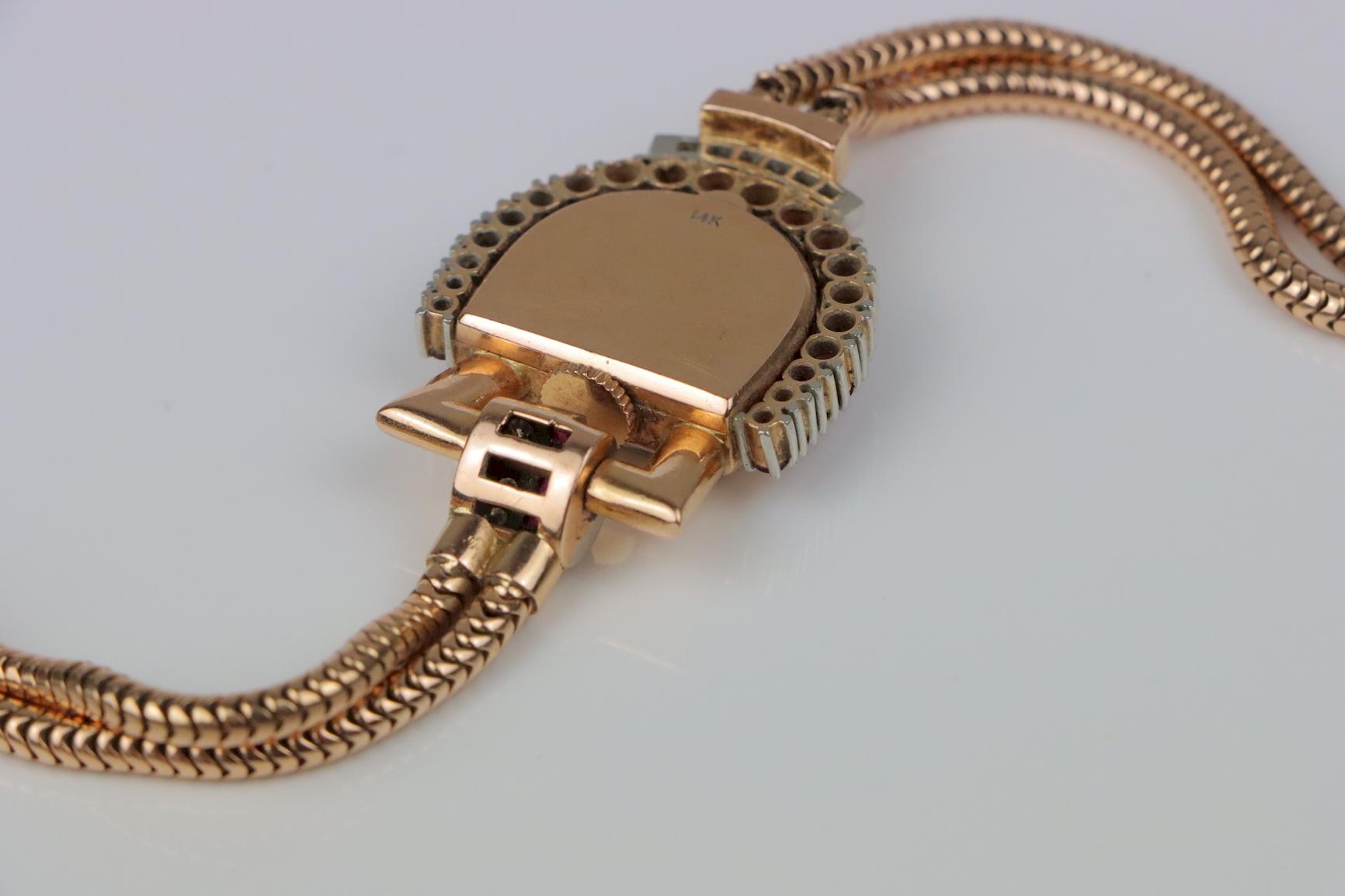 Retro 14K Rose Gold Ruby Diamond Watch Bracelet