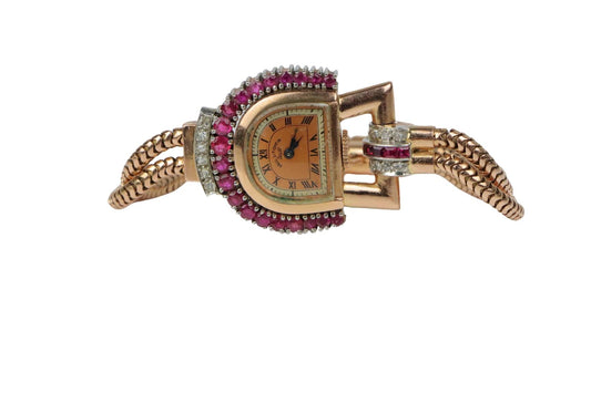 Retro 14K Rose Gold Ruby Diamond Watch Bracelet