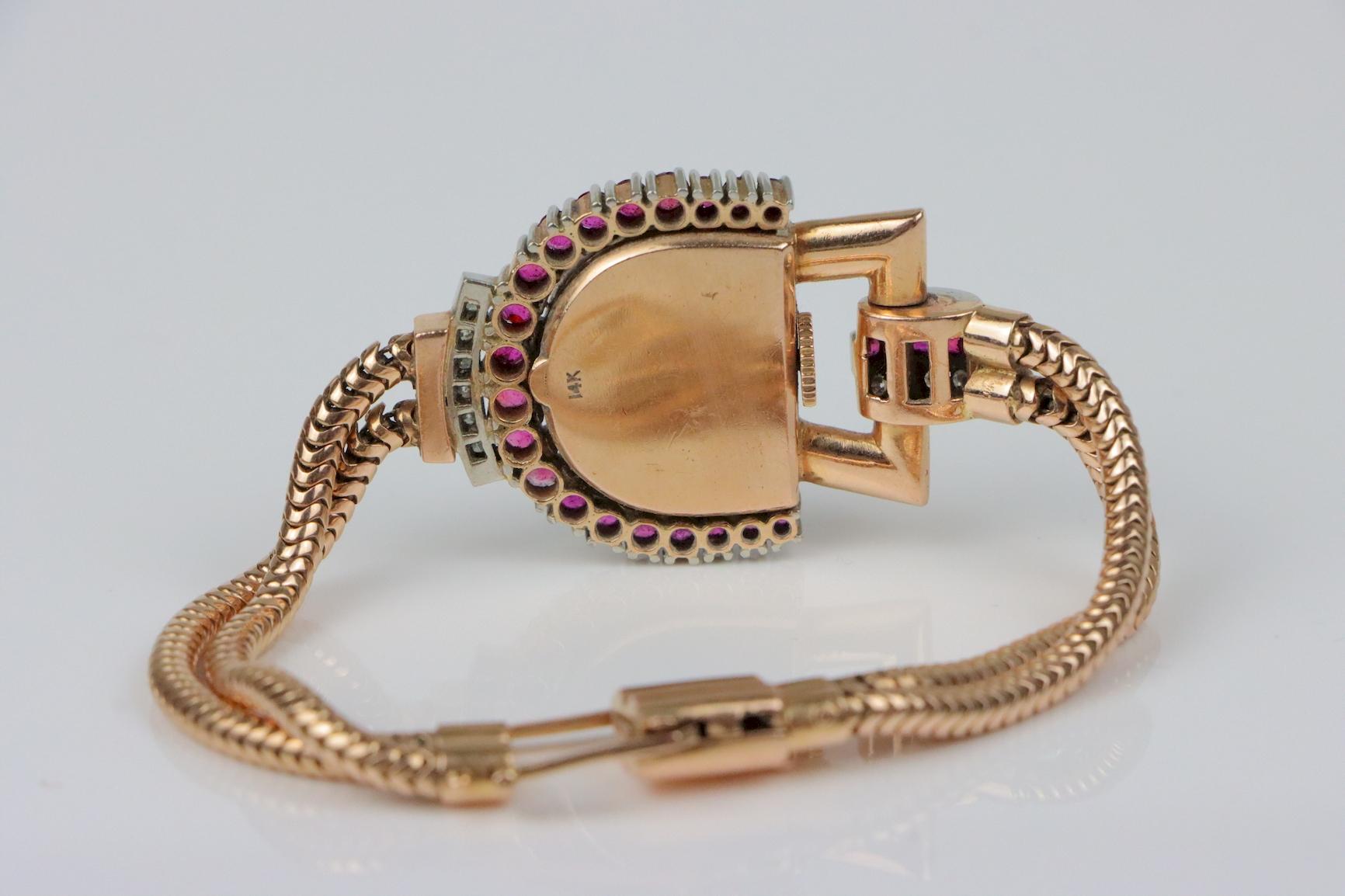 Retro 14K Rose Gold Ruby Diamond Watch Bracelet