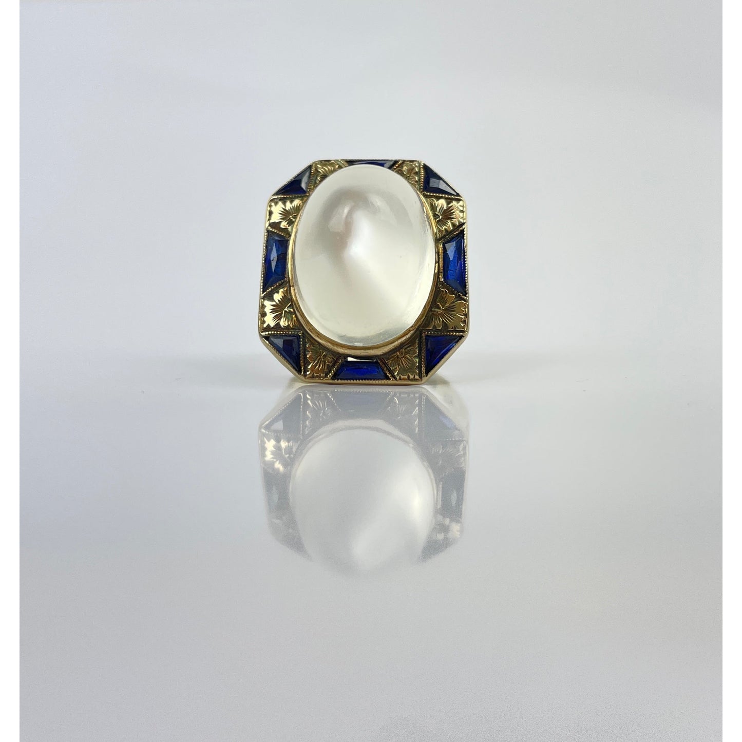 Art Deco 14k Gold Moonstone Cabochon Sapphire Ring