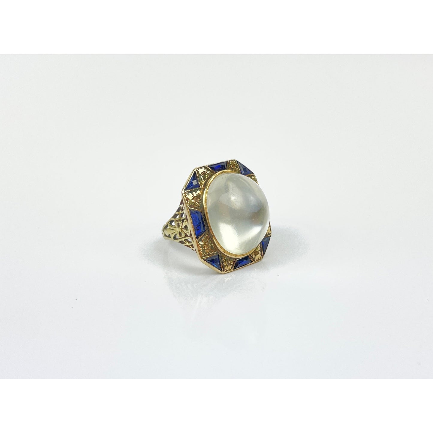 Art Deco 14k Gold Moonstone Cabochon Sapphire Ring