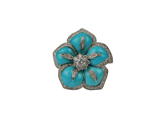 Vintage 14K Gold Turquoise Diamond Flower Brooch