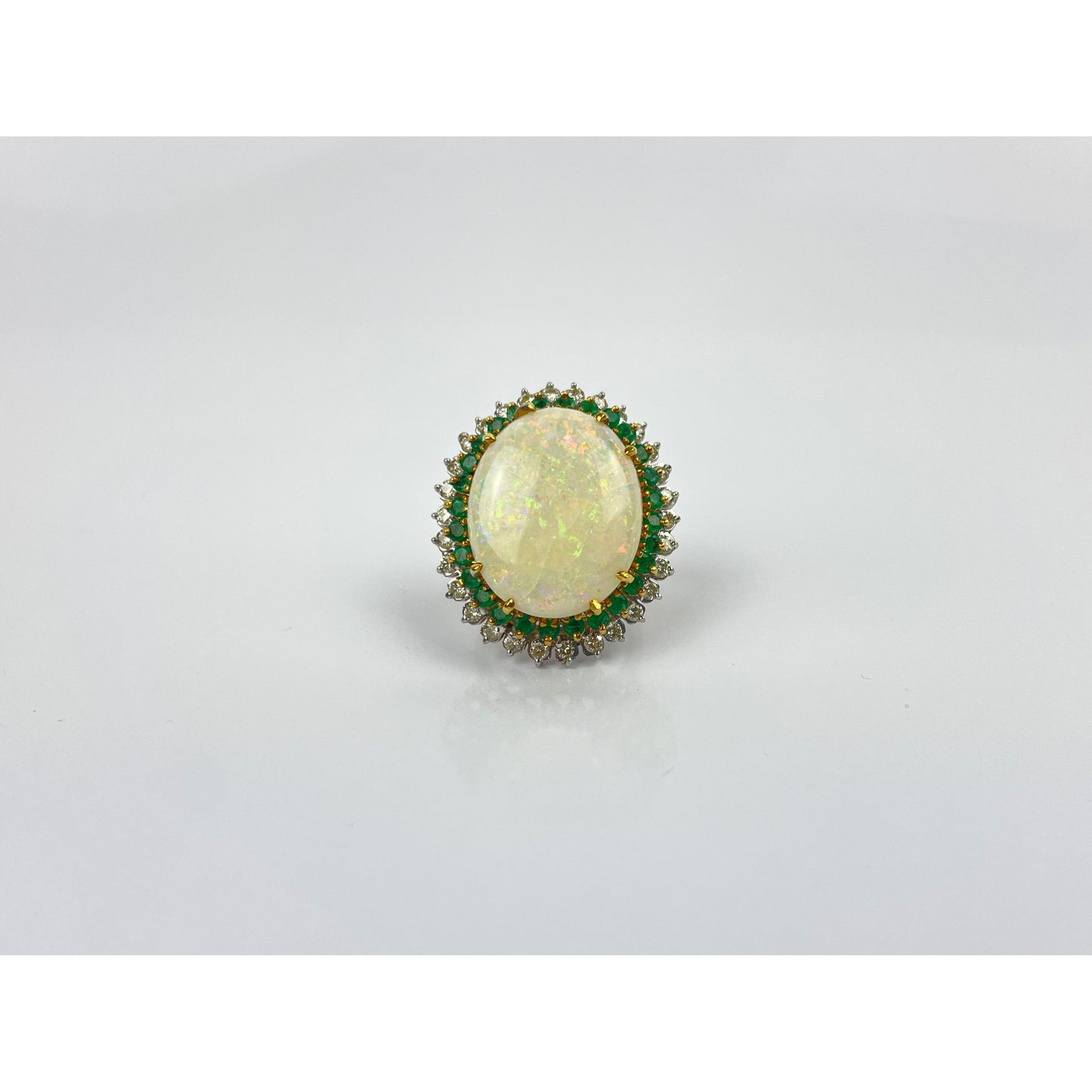 14K Gold Opal Cabochon Diamond Emerald Ring