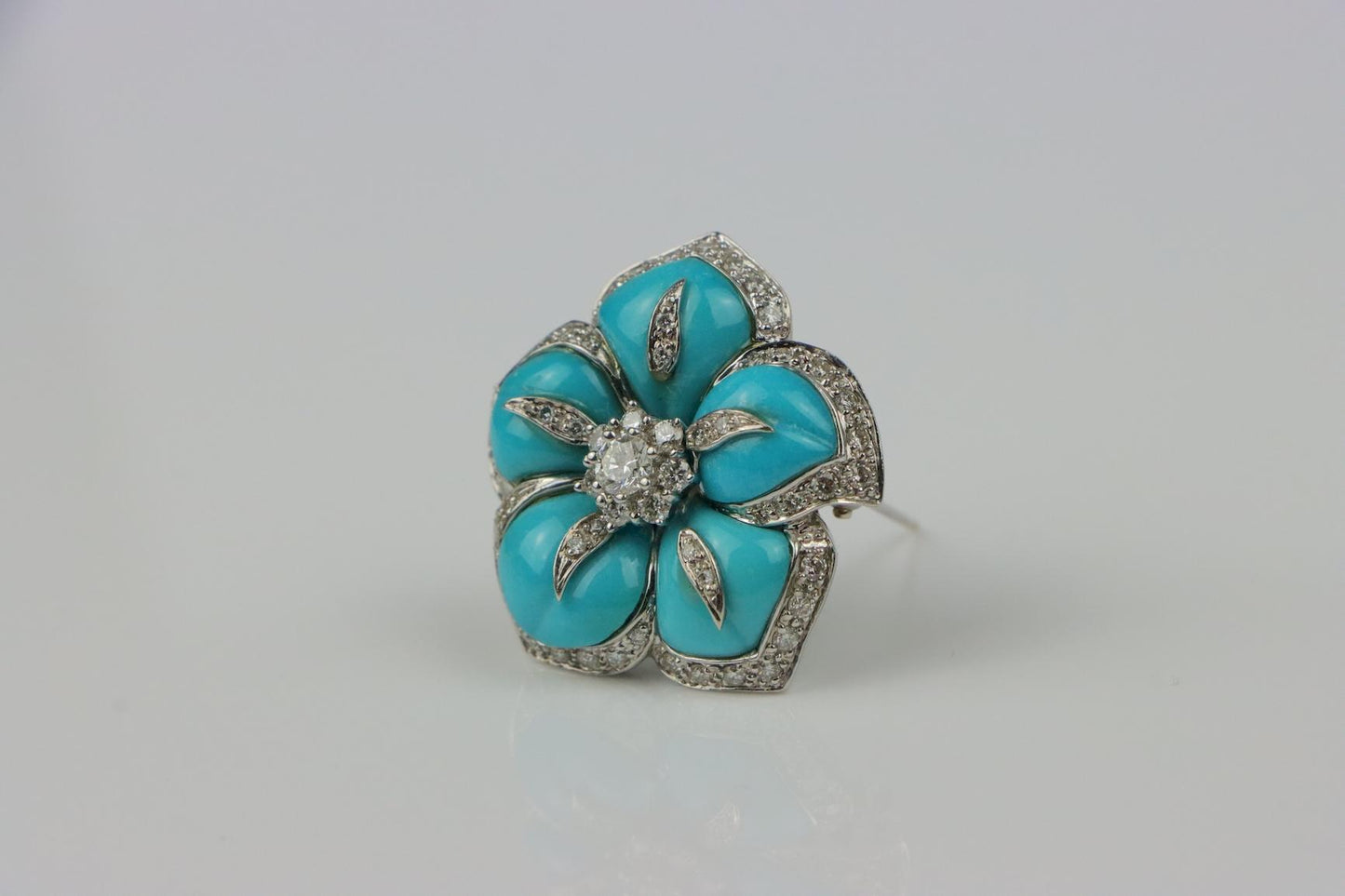 Vintage 14K Gold Turquoise Diamond Flower Brooch