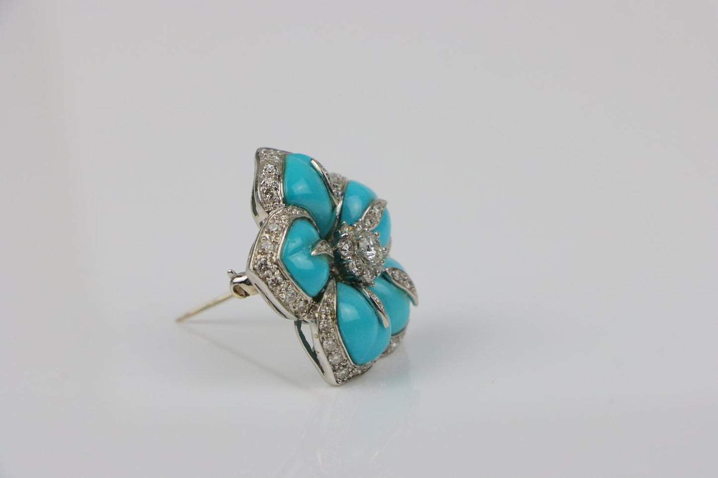 Vintage 14K Gold Turquoise Diamond Flower Brooch