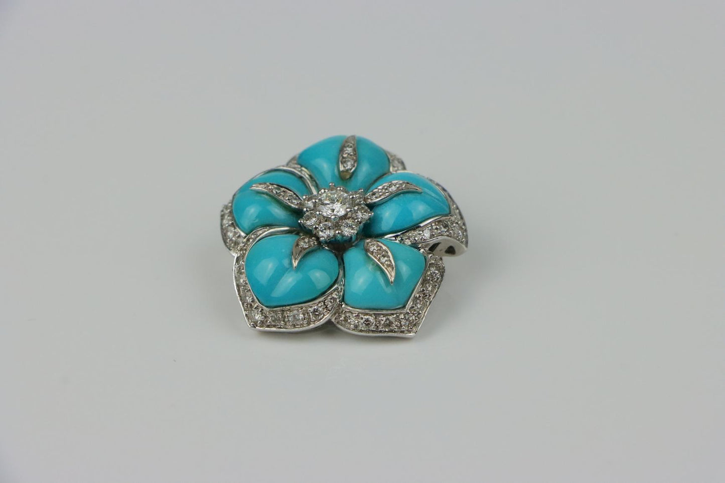 Vintage 14K Gold Turquoise Diamond Flower Brooch