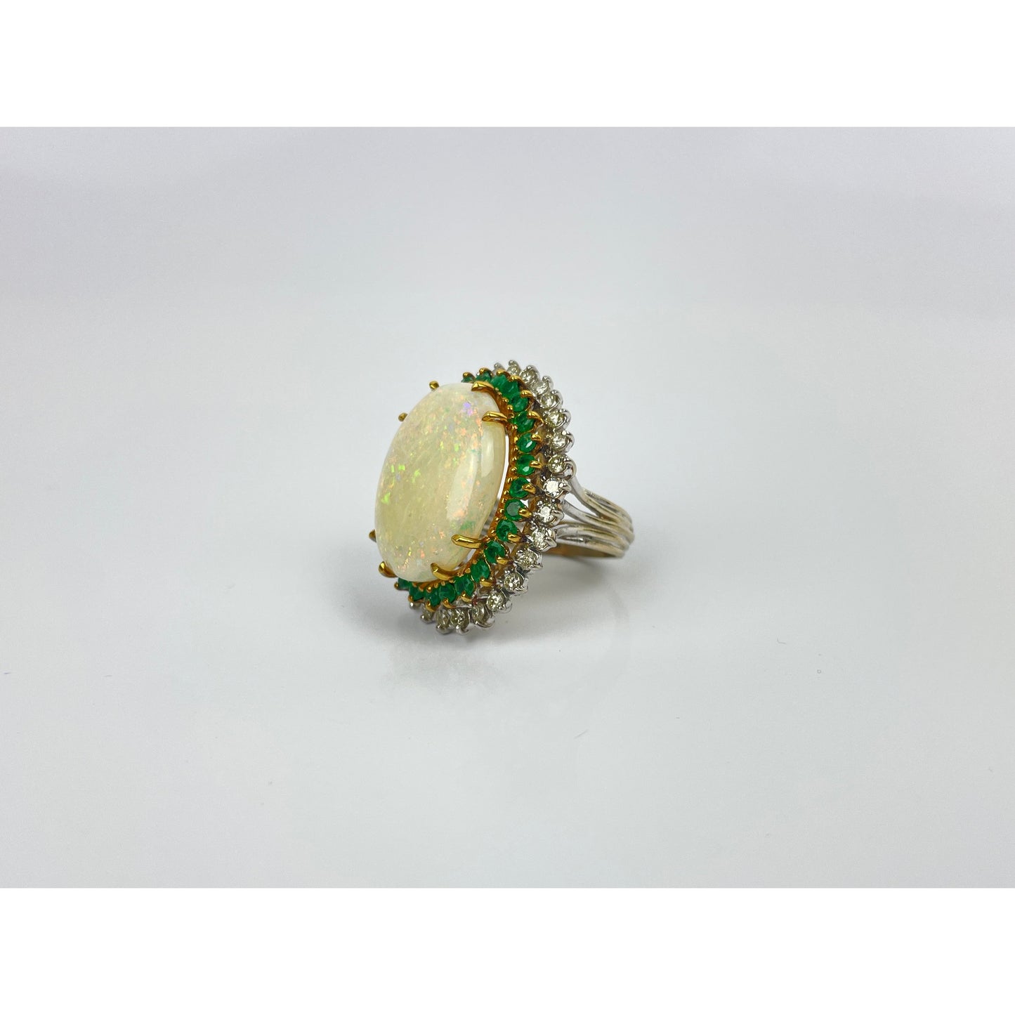 14K Gold Opal Cabochon Diamond Emerald Ring