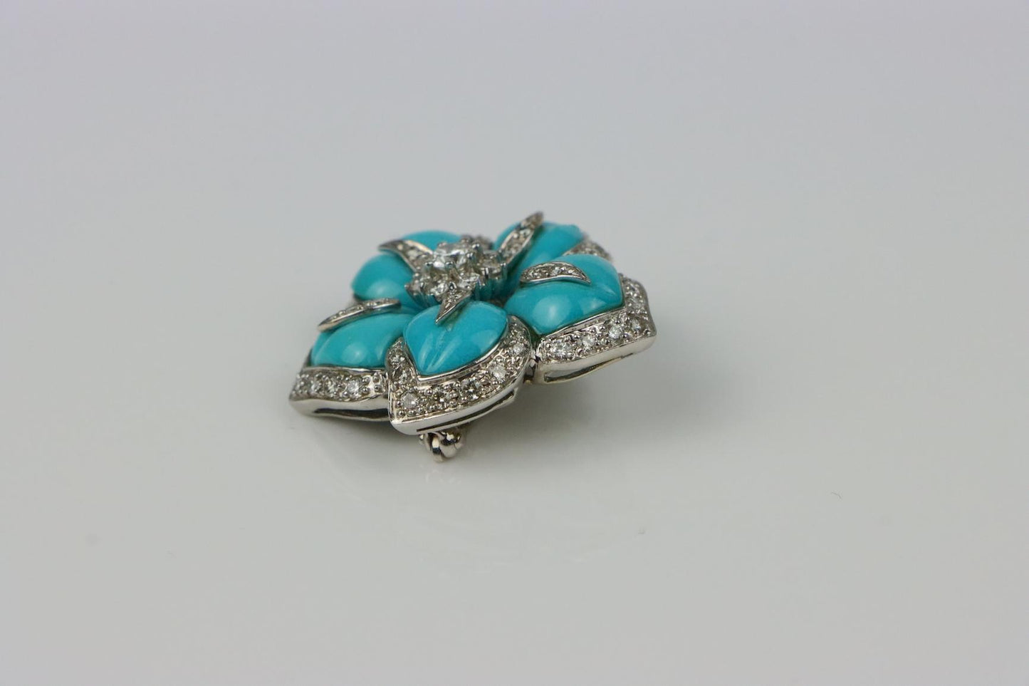 Vintage 14K Gold Turquoise Diamond Flower Brooch